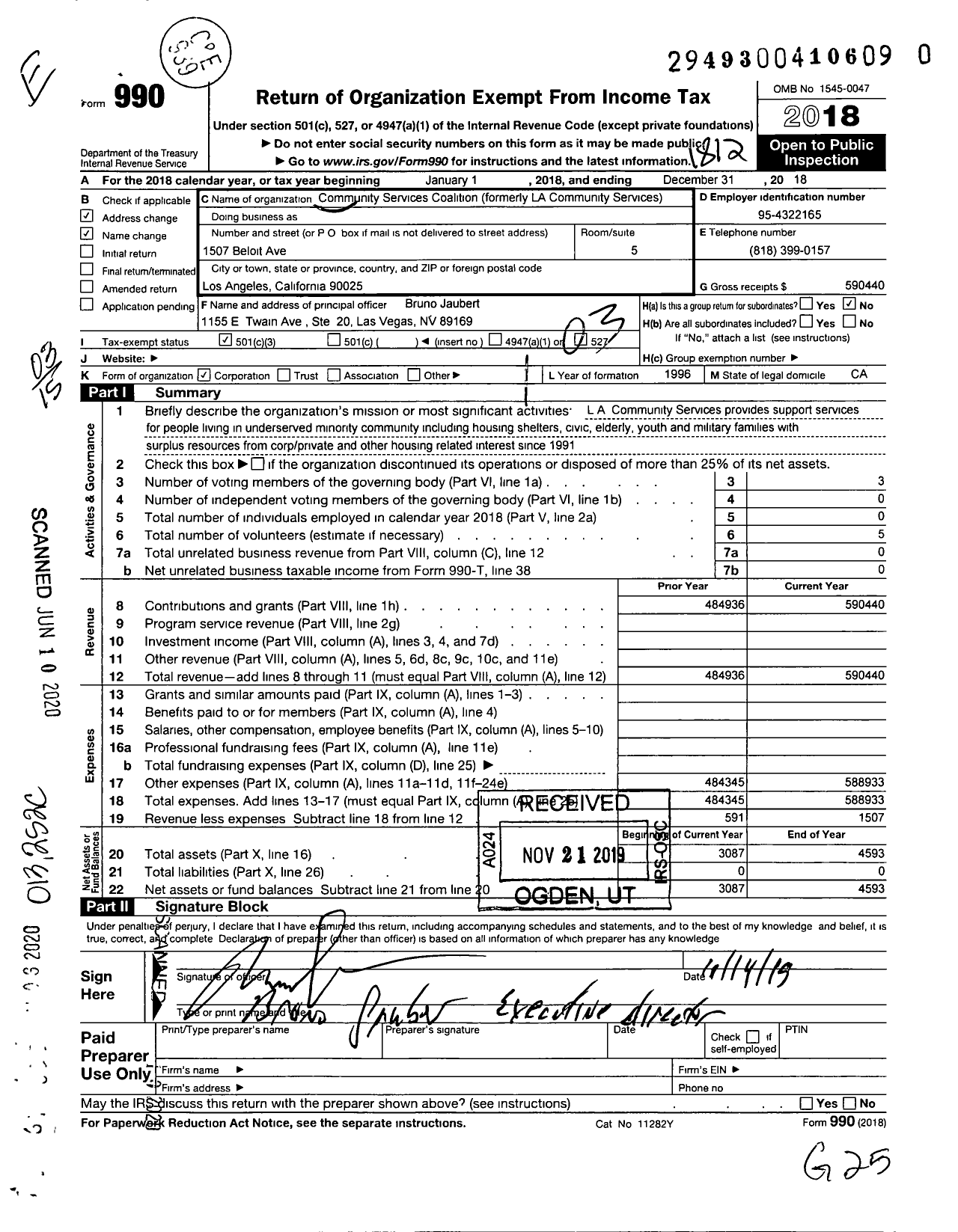 Image of first page of 2018 Form 990 for Community Services Coalition