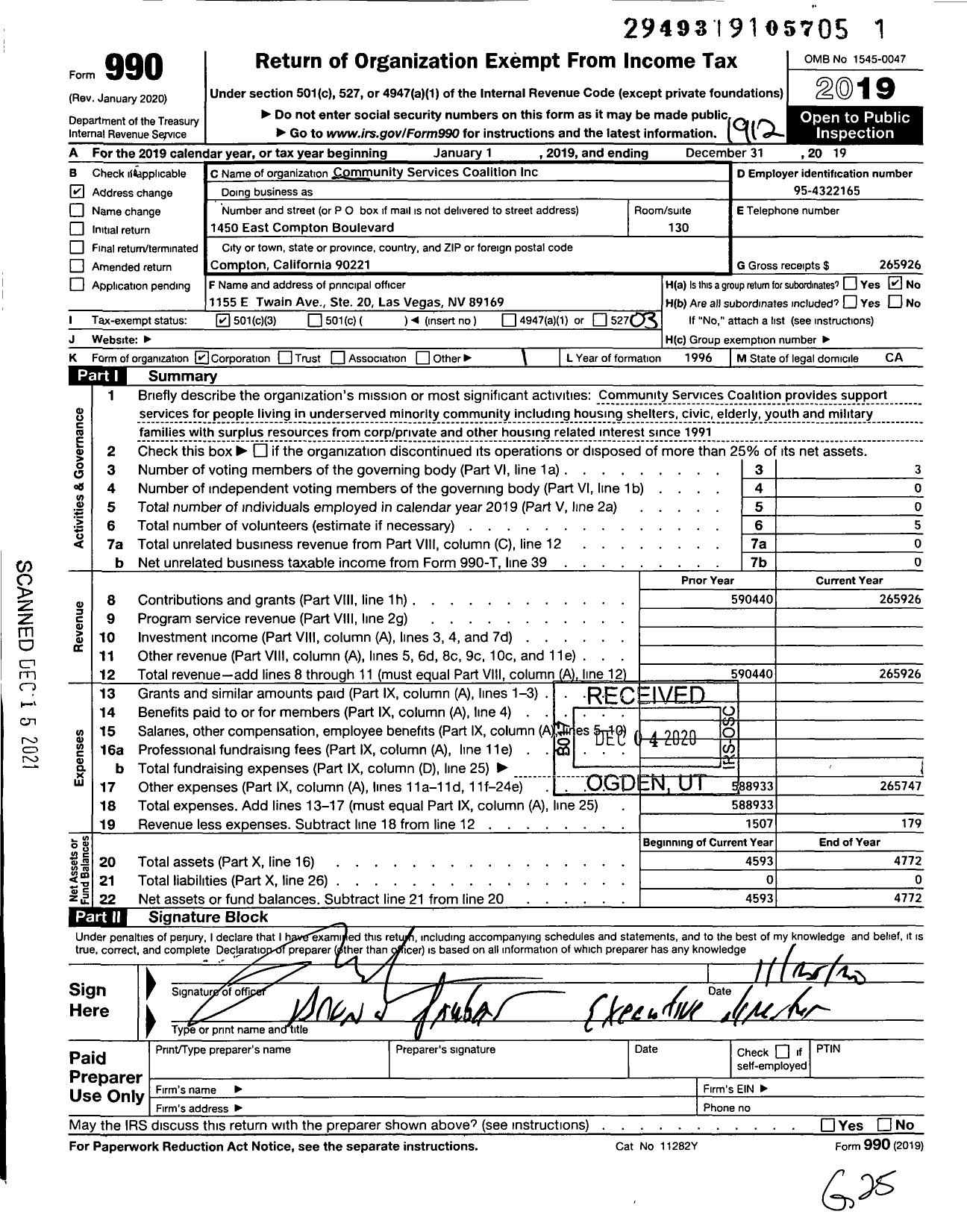 Image of first page of 2019 Form 990 for Community Services Coalition