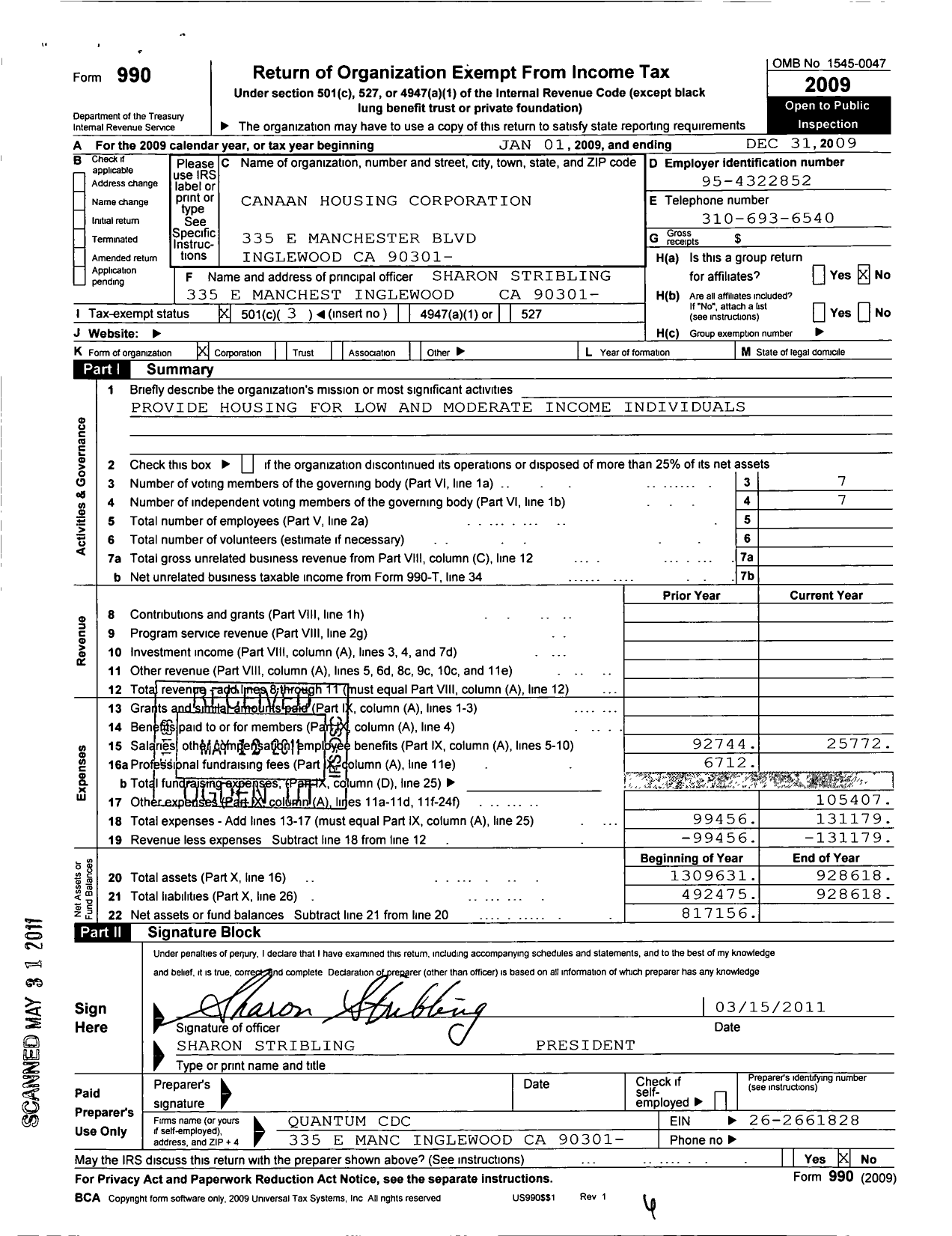 Image of first page of 2009 Form 990 for Canaan Housing Corporation