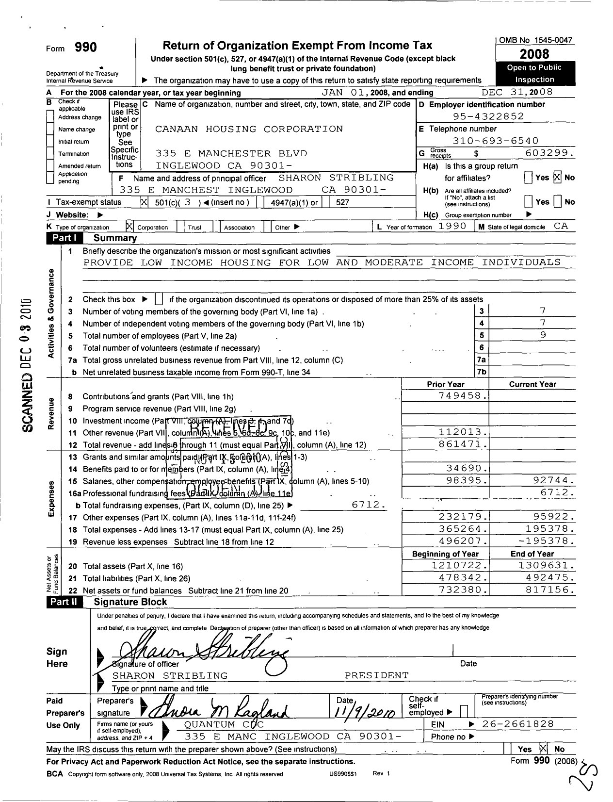 Image of first page of 2008 Form 990 for Canaan Housing Corporation