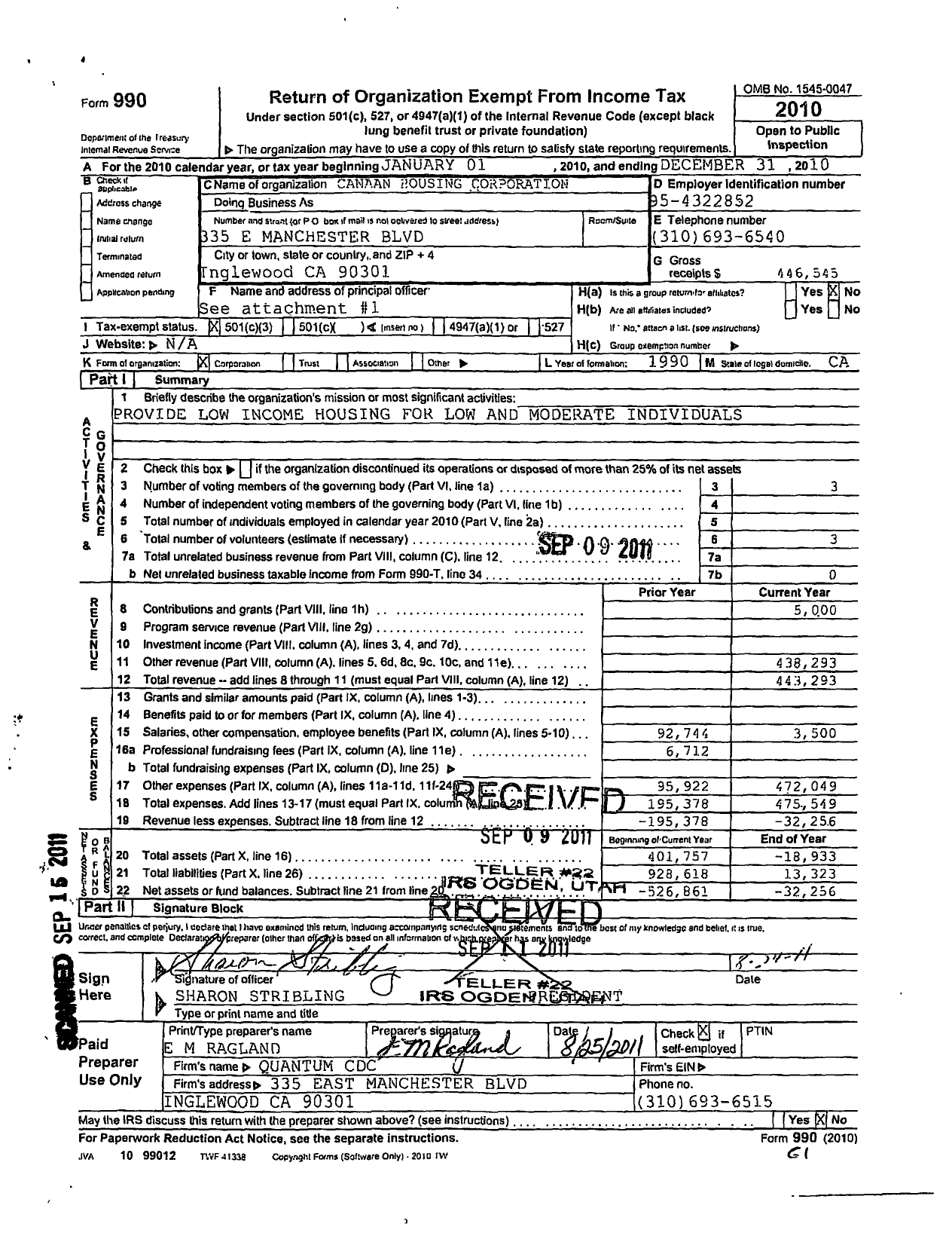 Image of first page of 2010 Form 990 for Canaan Housing Corporation