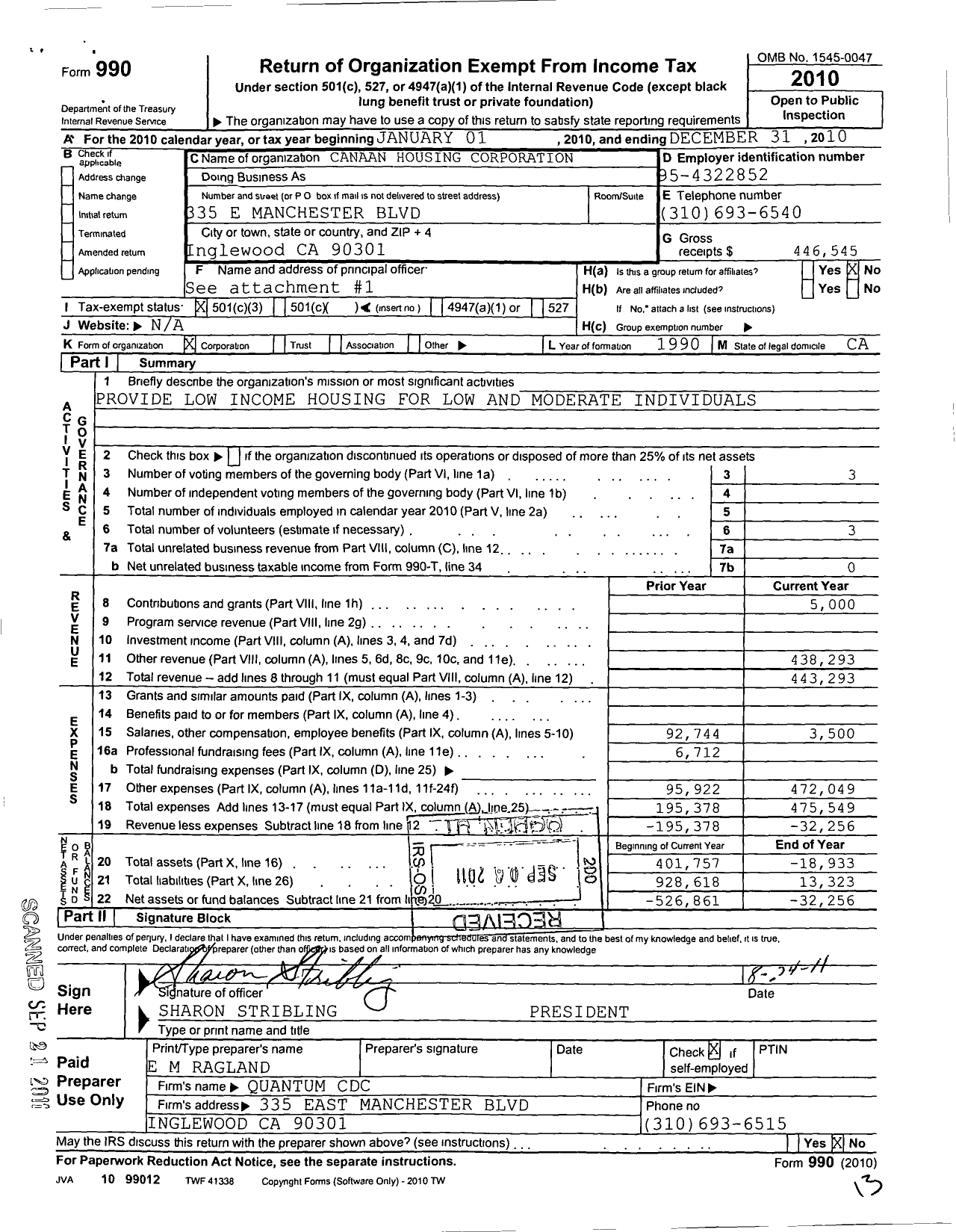 Image of first page of 2010 Form 990 for Canaan Housing Corporation