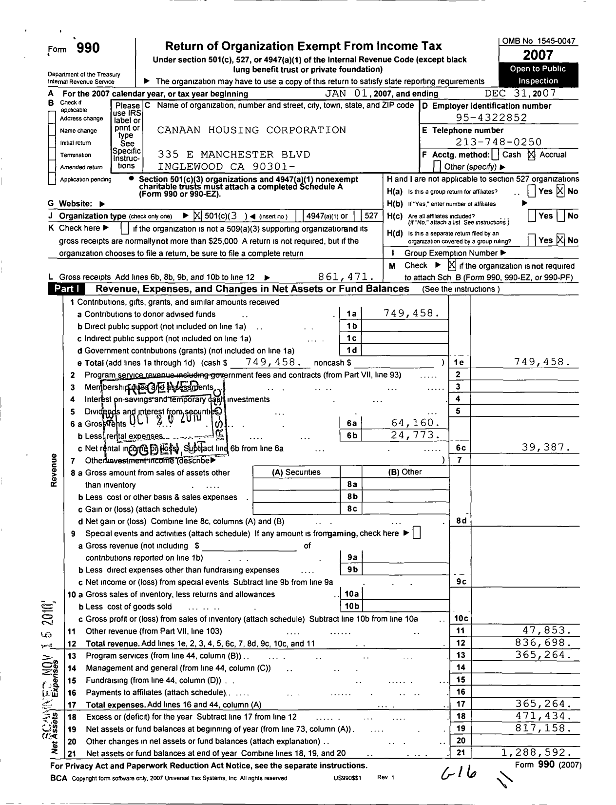 Image of first page of 2007 Form 990 for Canaan Housing Corporation