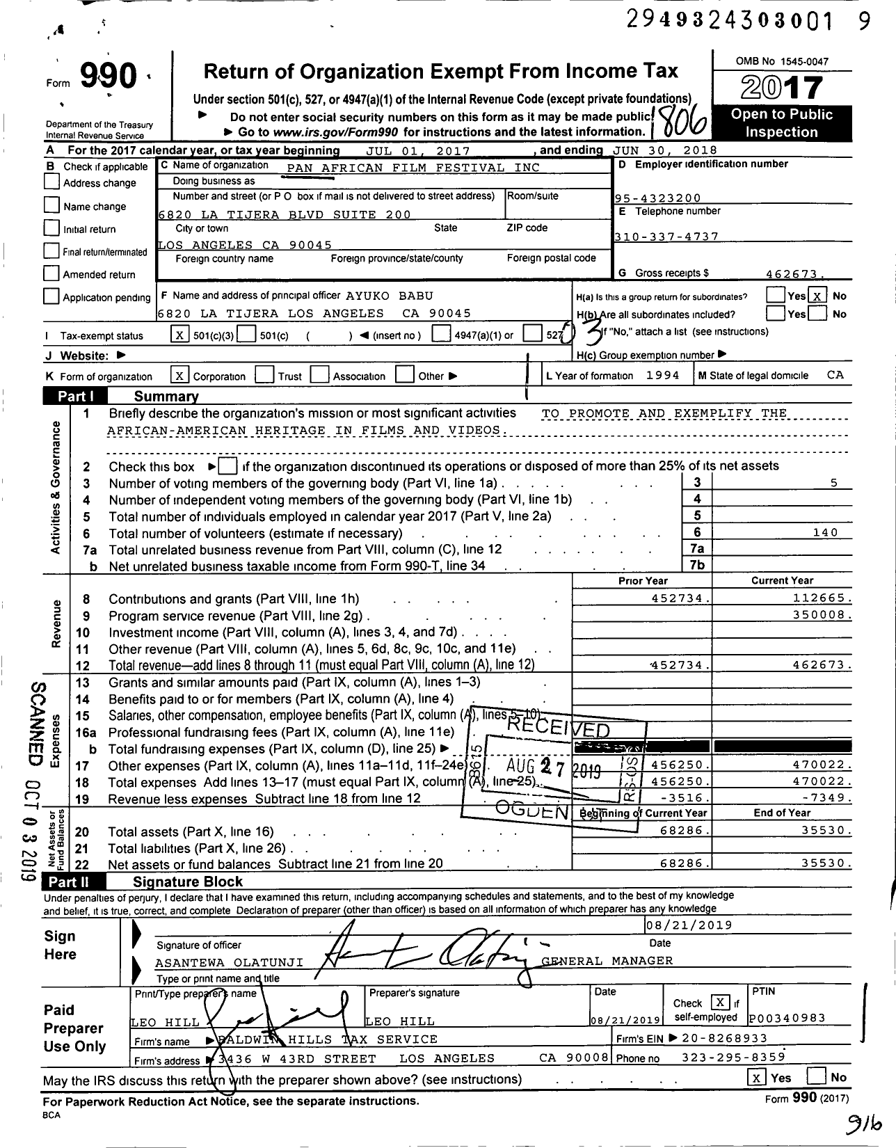 Image of first page of 2017 Form 990 for Pan African Film Festival