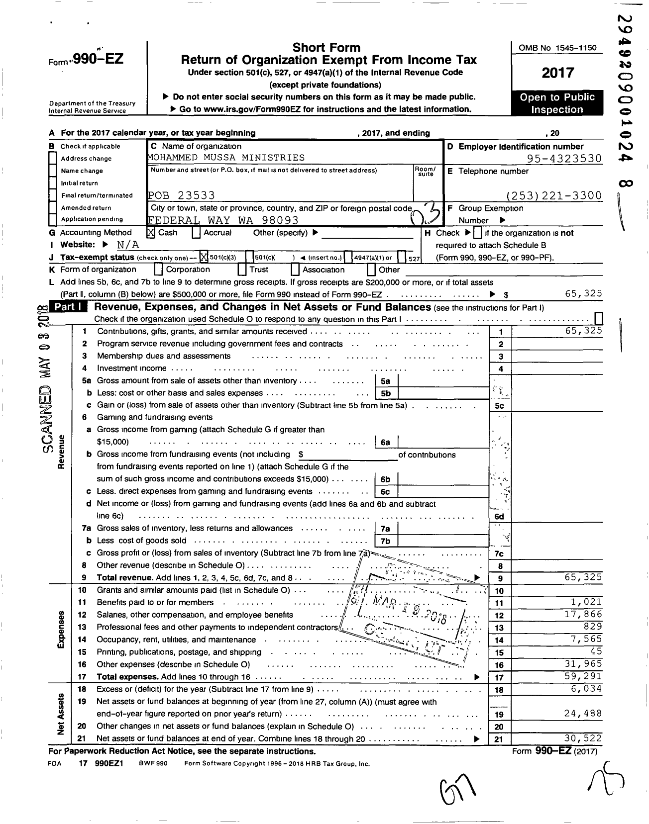 Image of first page of 2017 Form 990EZ for Mohammed Mussa Ministries