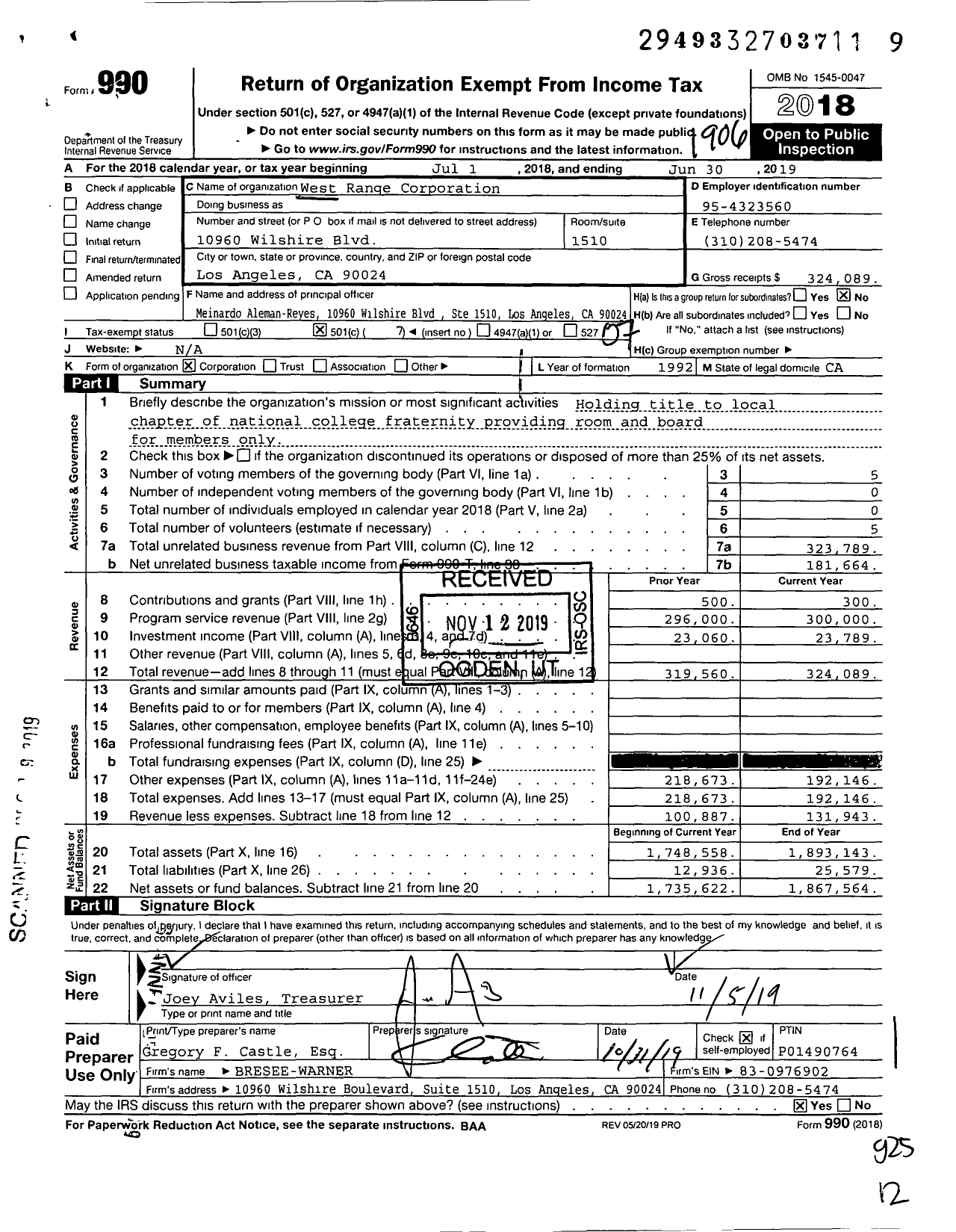 Image of first page of 2018 Form 990O for West Range Corporation