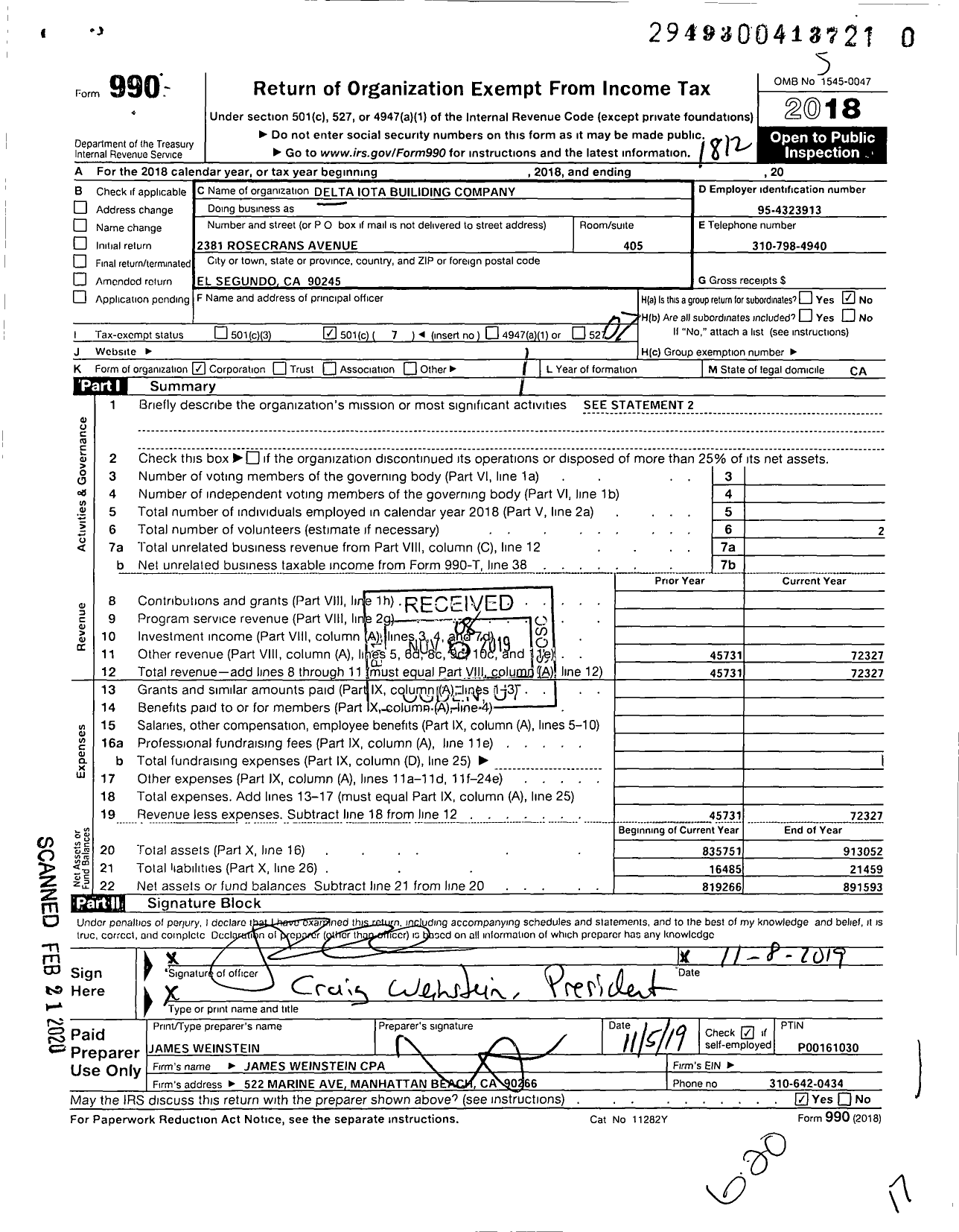 Image of first page of 2018 Form 990O for Delta Iota Building Company