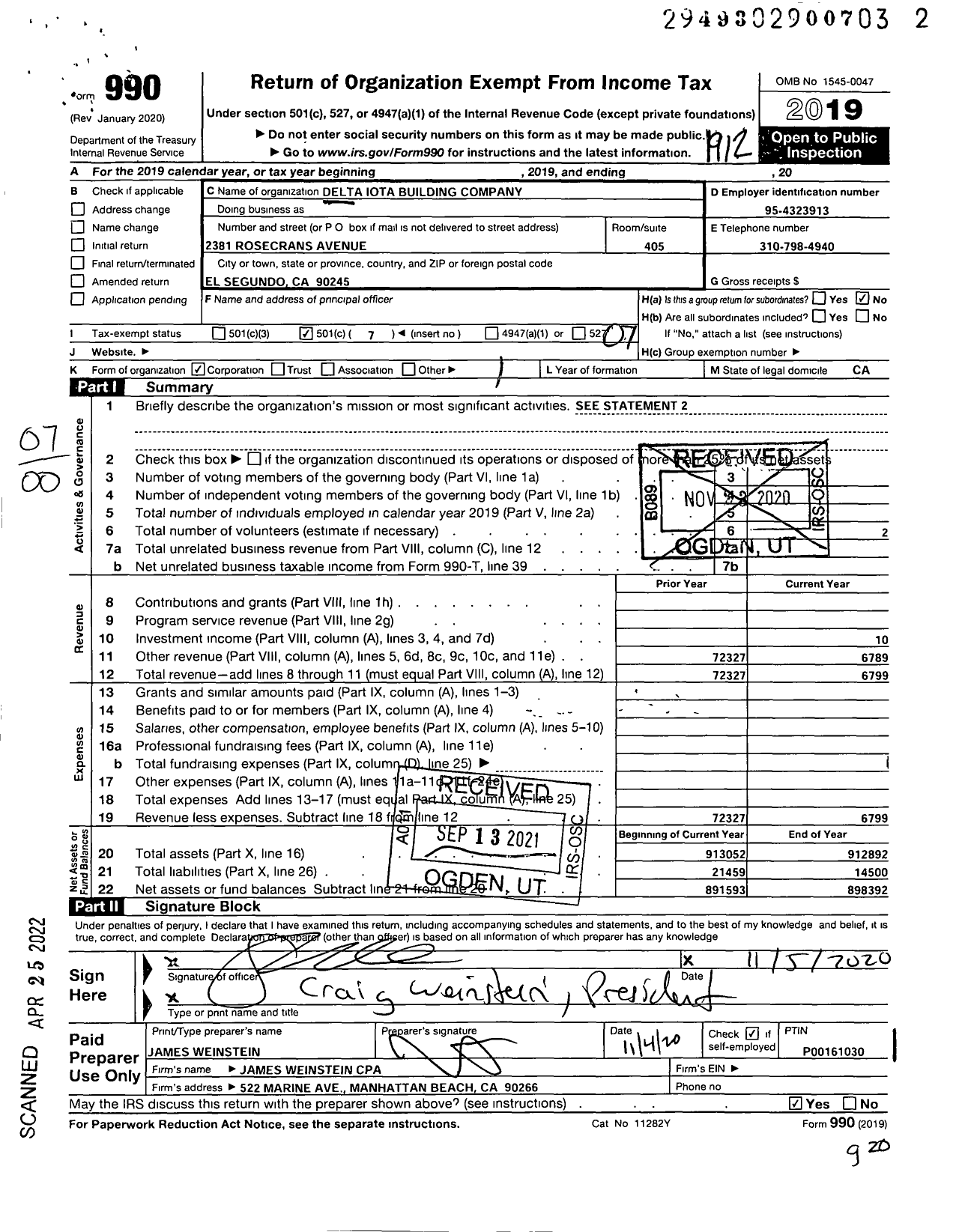 Image of first page of 2019 Form 990O for Delta Iota Building Company