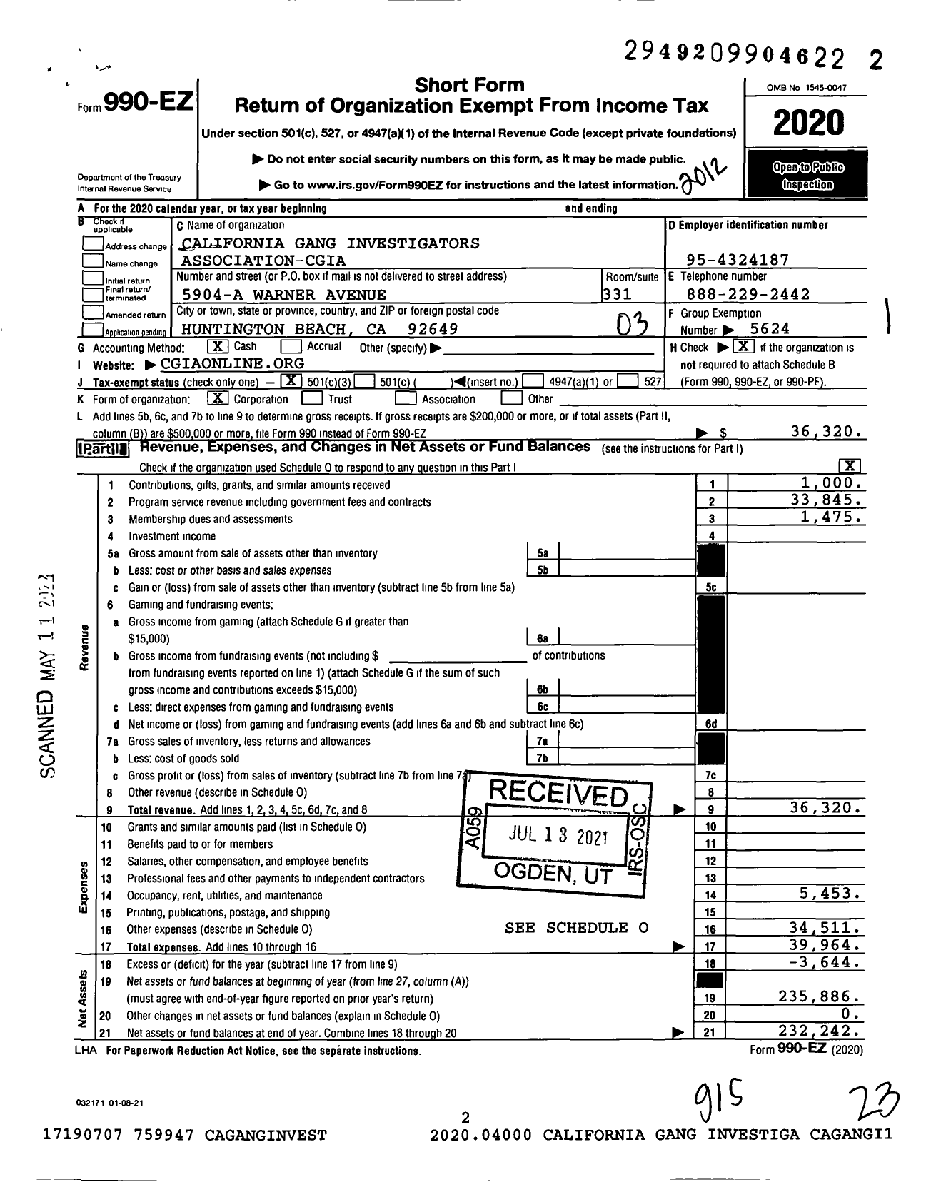 Image of first page of 2020 Form 990EZ for California Gang Investigators Association-Cgia