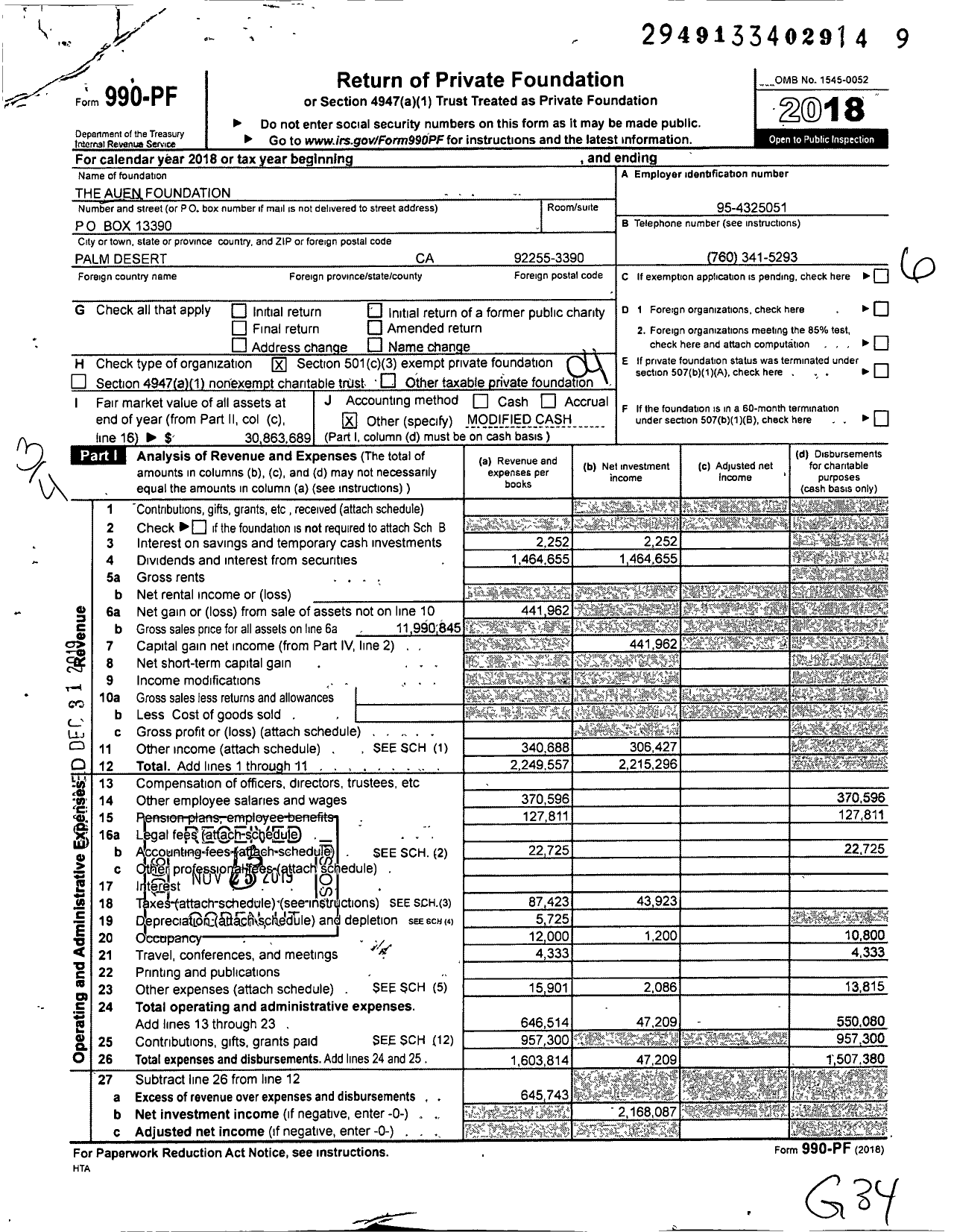 Image of first page of 2018 Form 990PF for The Auen Foundation