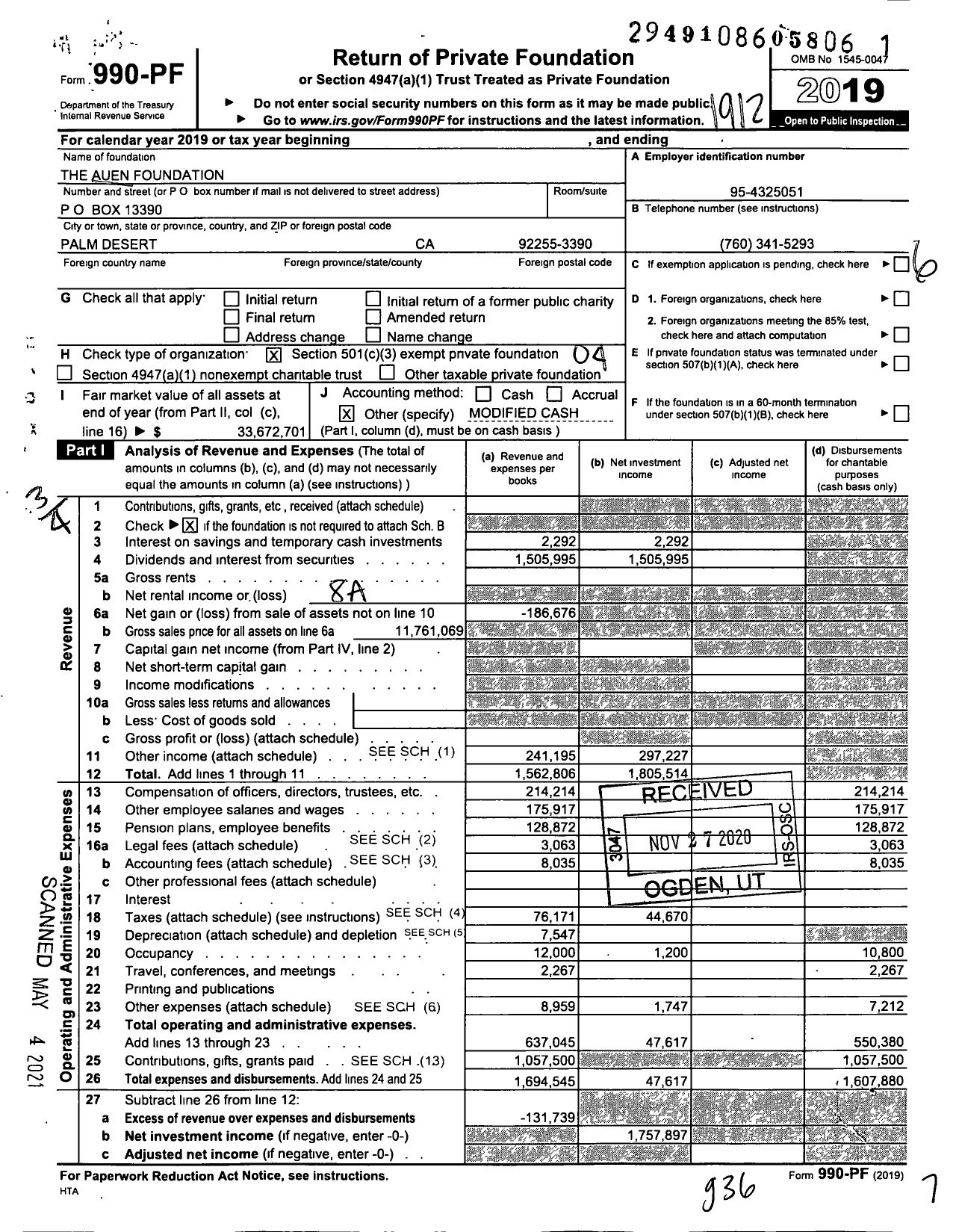 Image of first page of 2019 Form 990PF for The Auen Foundation