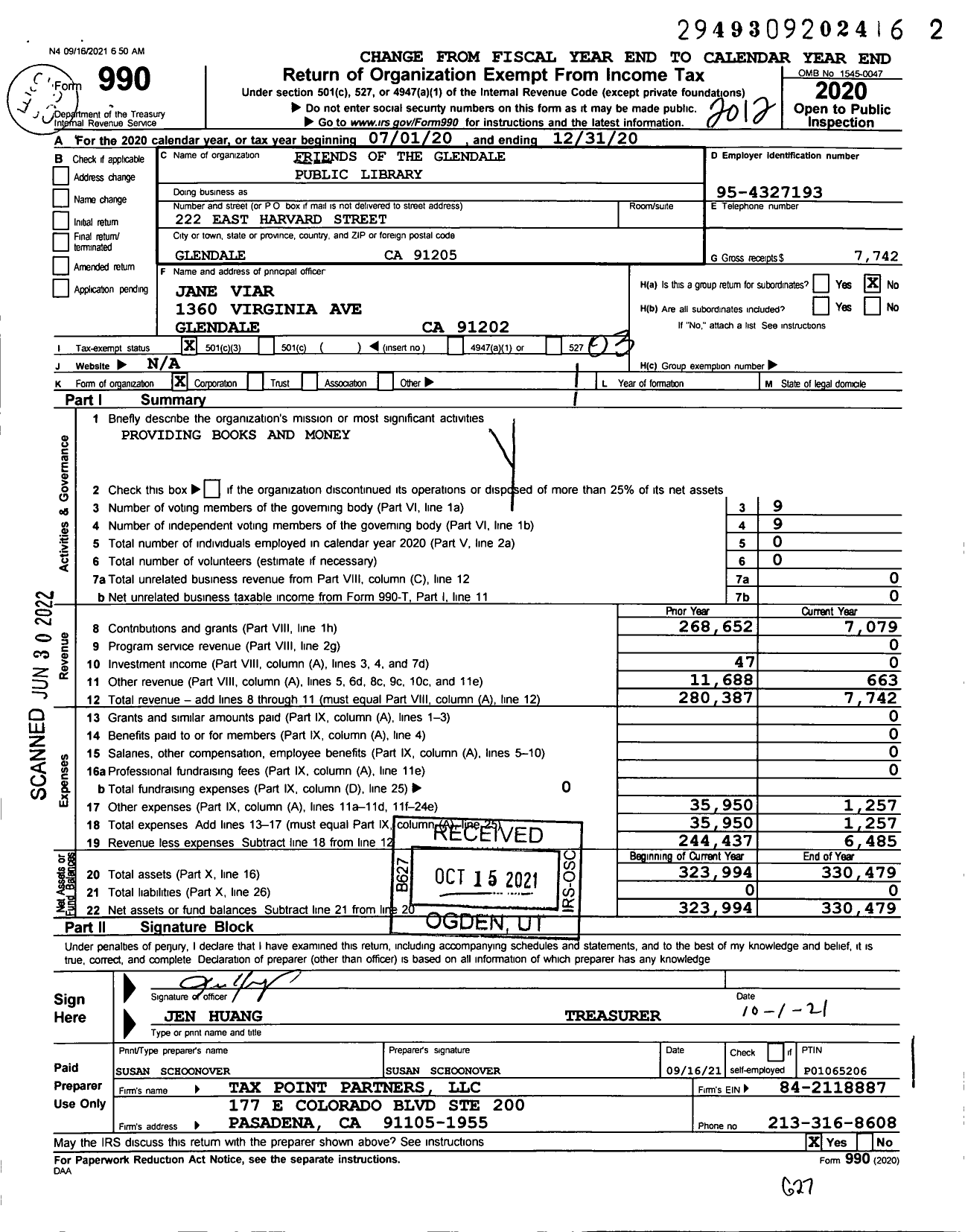 Image of first page of 2020 Form 990 for Glendale Library Arts and Culture Trust