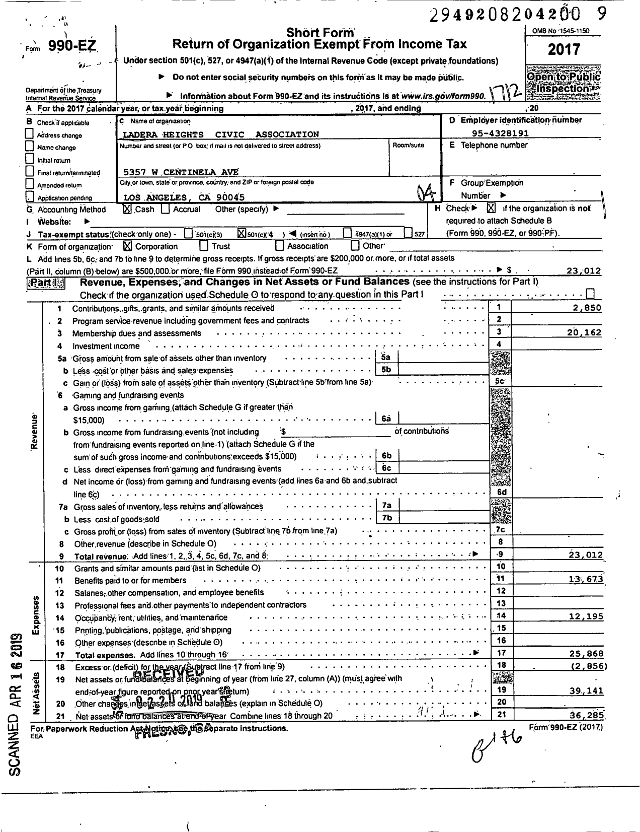 Image of first page of 2017 Form 990EO for Ladera Heights Civic Association