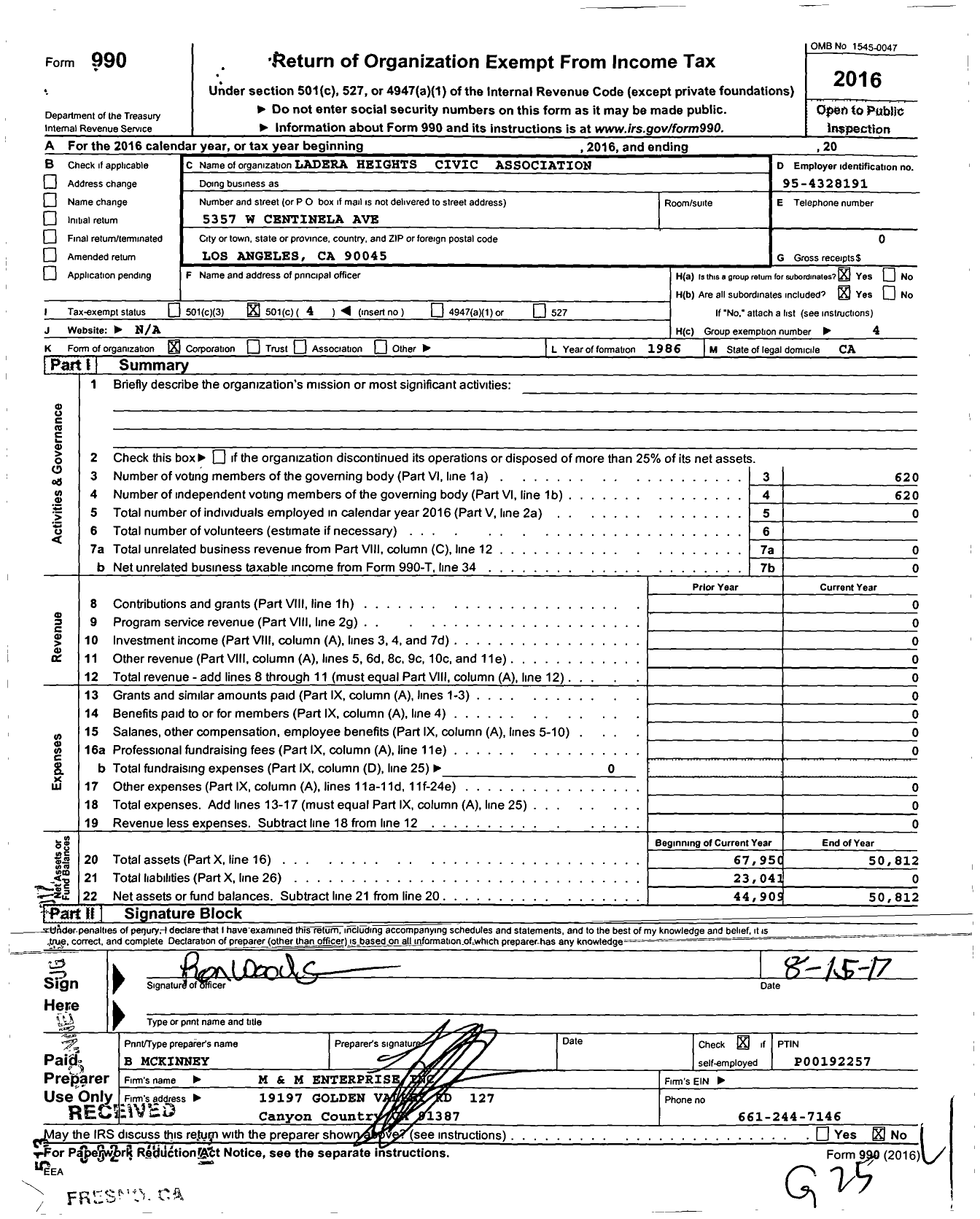 Image of first page of 2016 Form 990O for Ladera Heights Civic Association