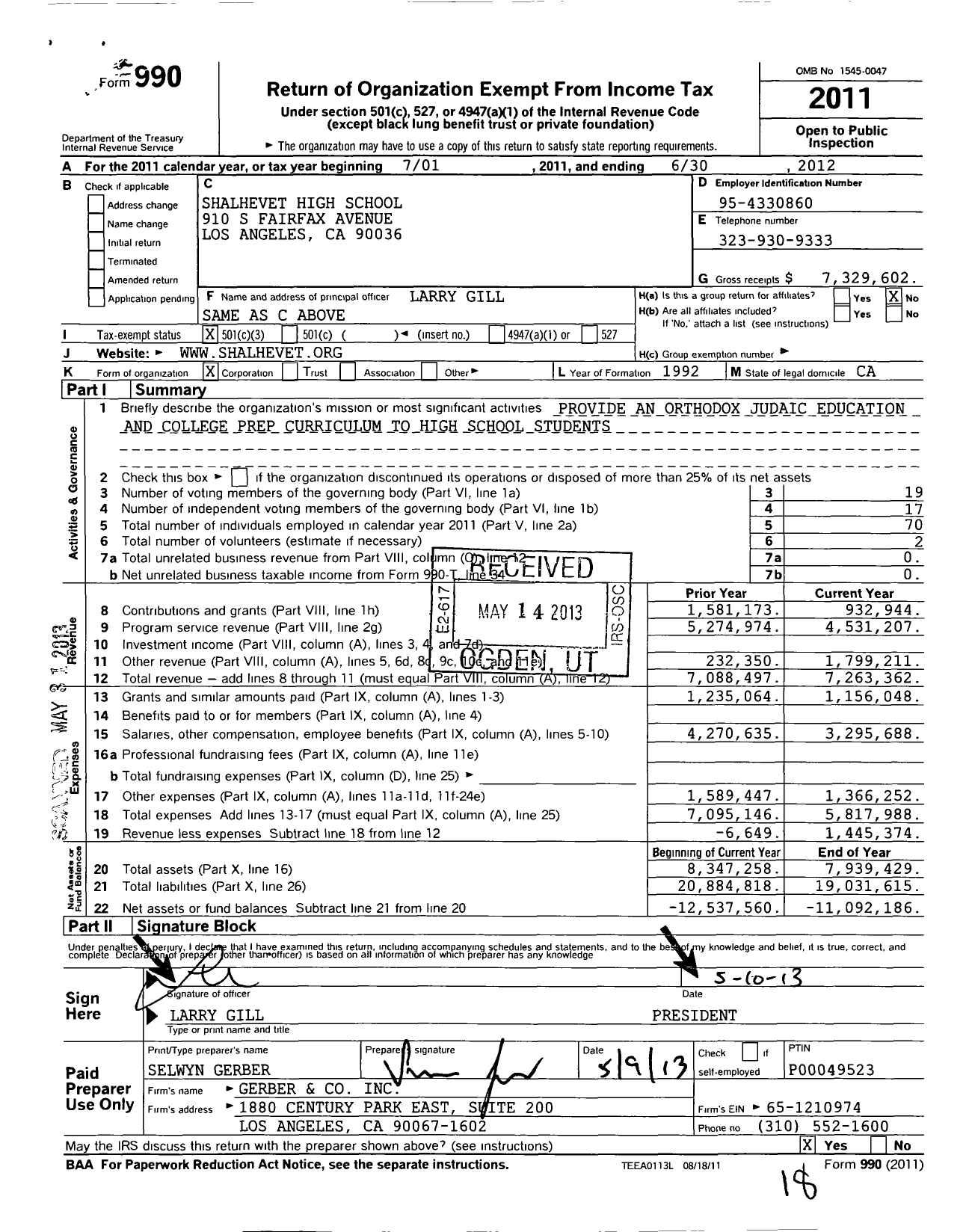 Image of first page of 2011 Form 990 for Shalhevet High School