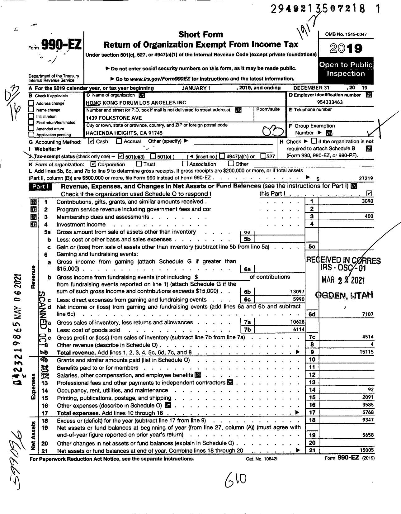 Image of first page of 2019 Form 990EZ for Hong Kong Forum Los Angeles