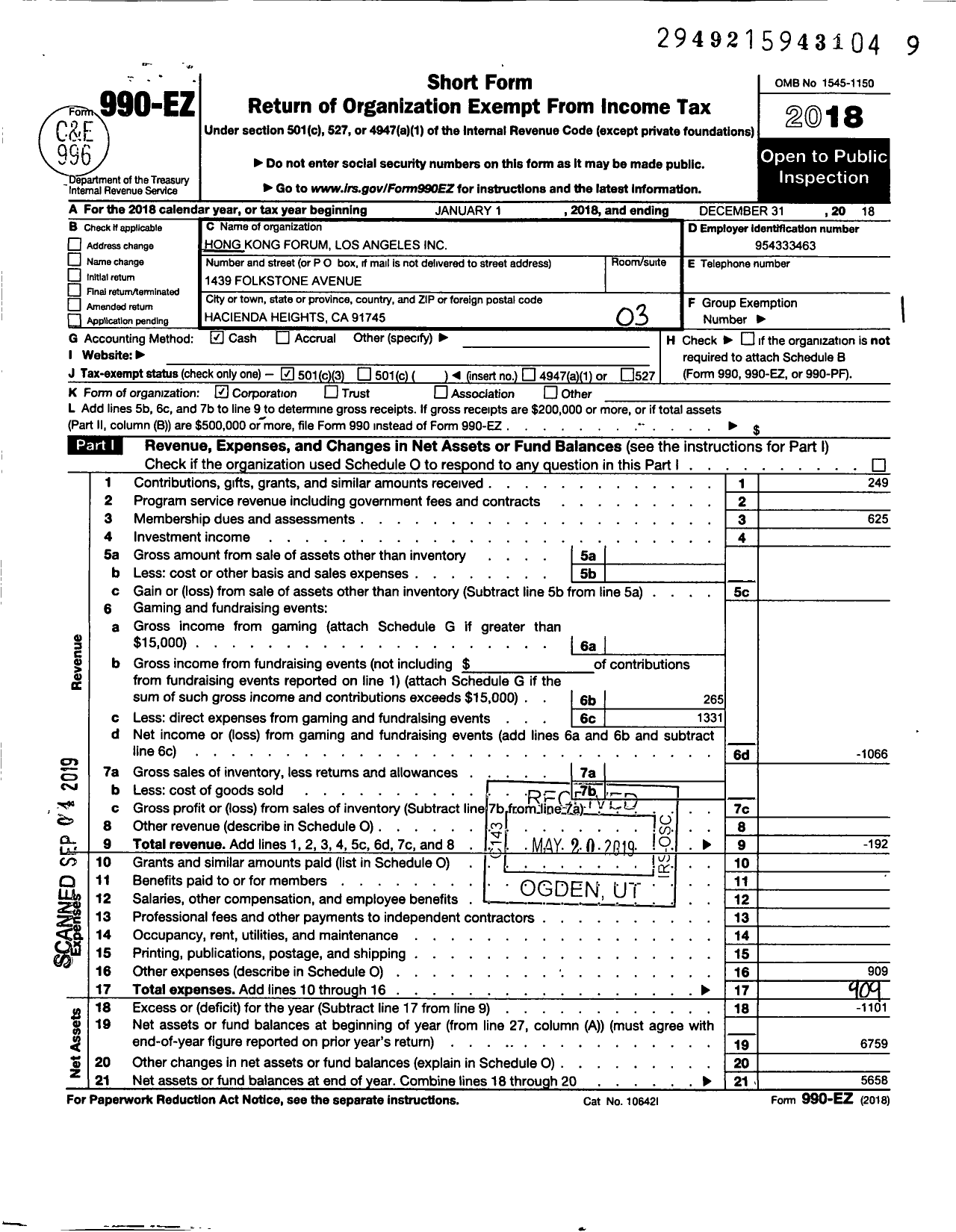 Image of first page of 2018 Form 990EZ for Hong Kong Forum Los Angeles