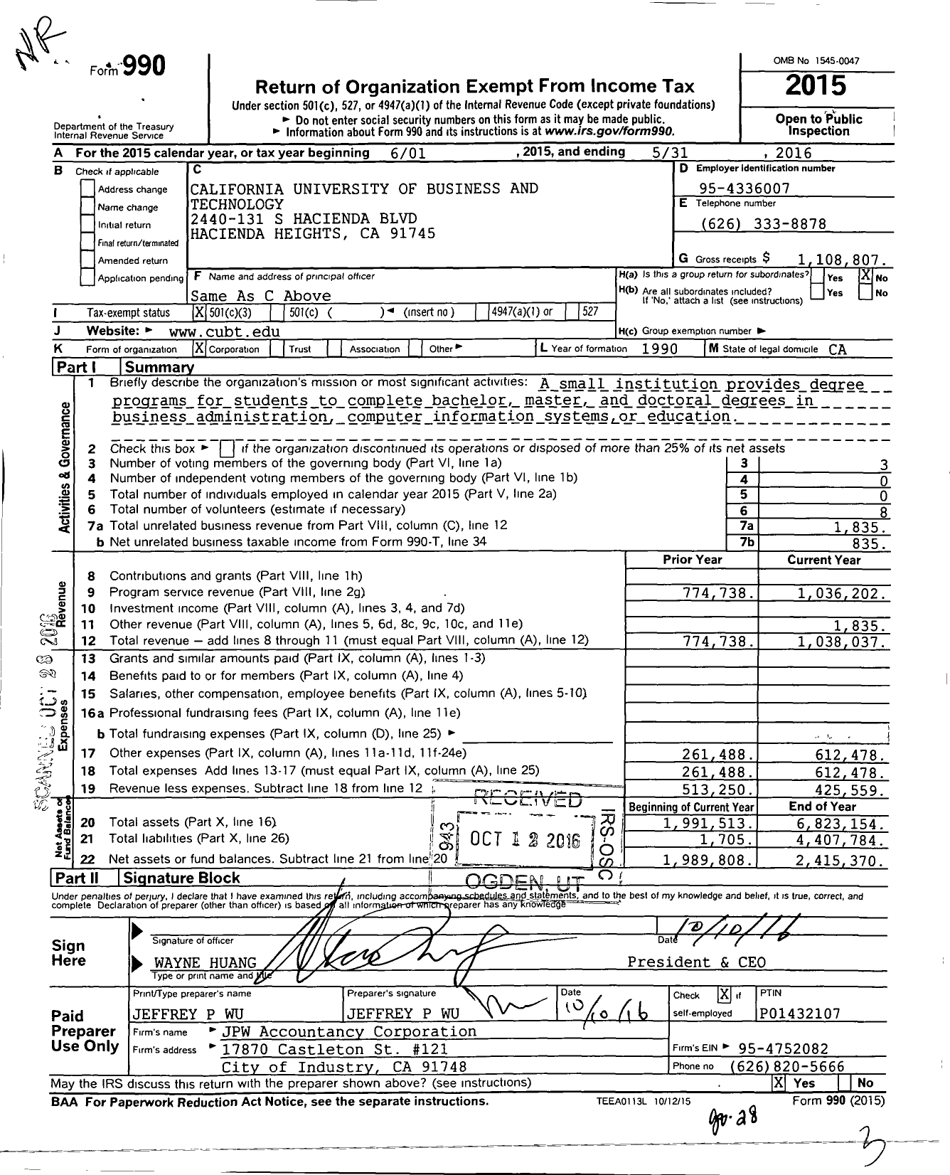 Image of first page of 2015 Form 990 for California University of Business and Technology