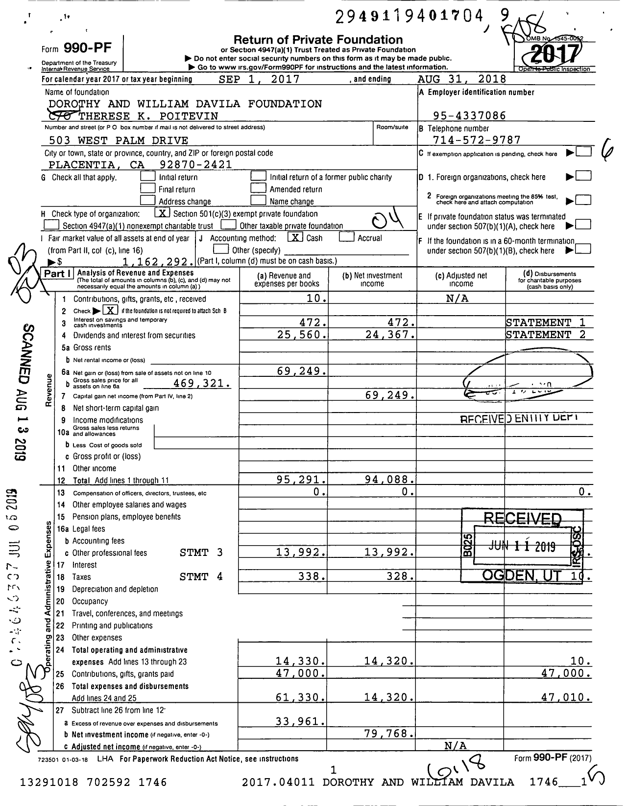 Image of first page of 2017 Form 990PF for Dorothy and William Davila Foundation