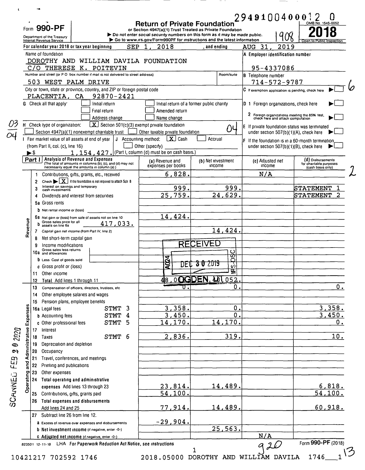 Image of first page of 2018 Form 990PR for Dorothy and William Davila Foundation