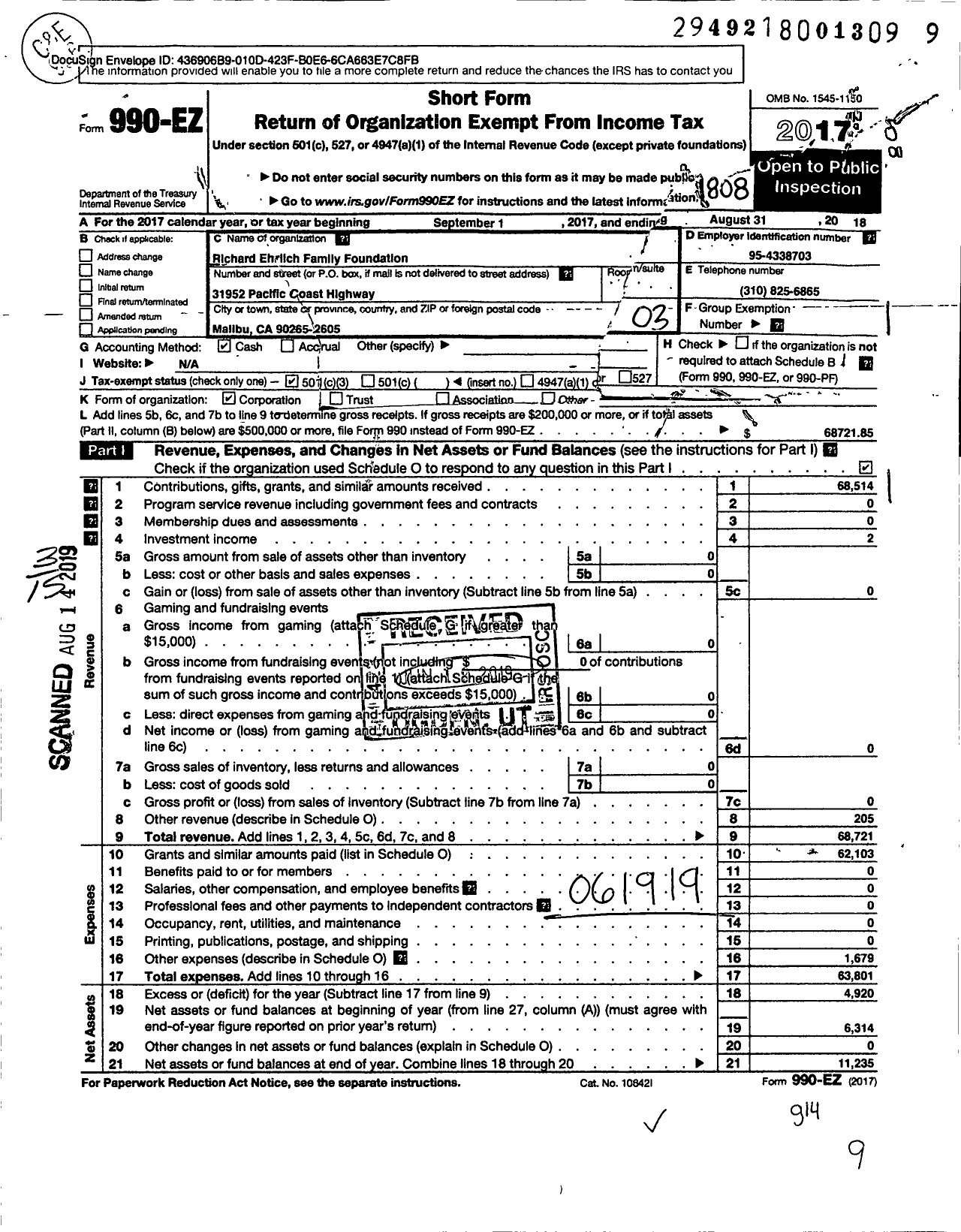 Image of first page of 2017 Form 990EZ for Richard Ehrlich Family Foundation