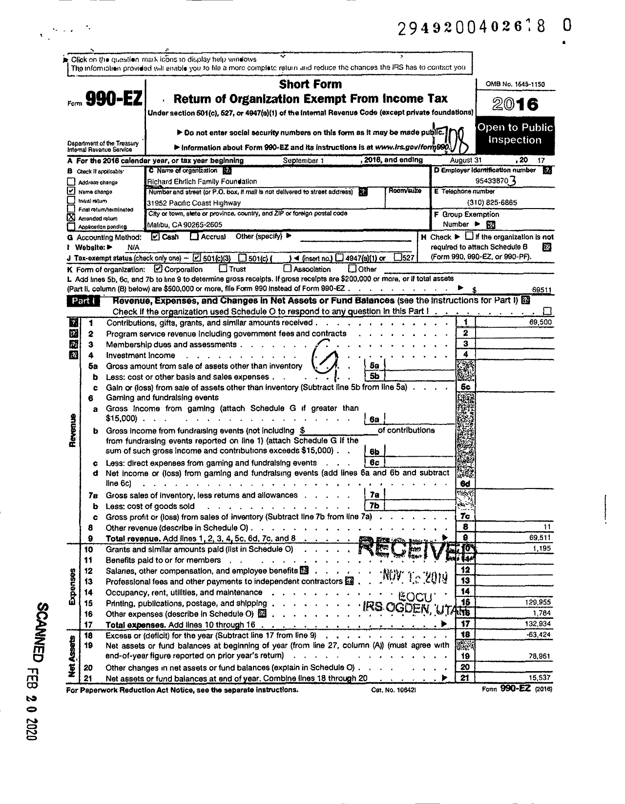 Image of first page of 2016 Form 990EZ for Richard Ehrlich Family Foundation