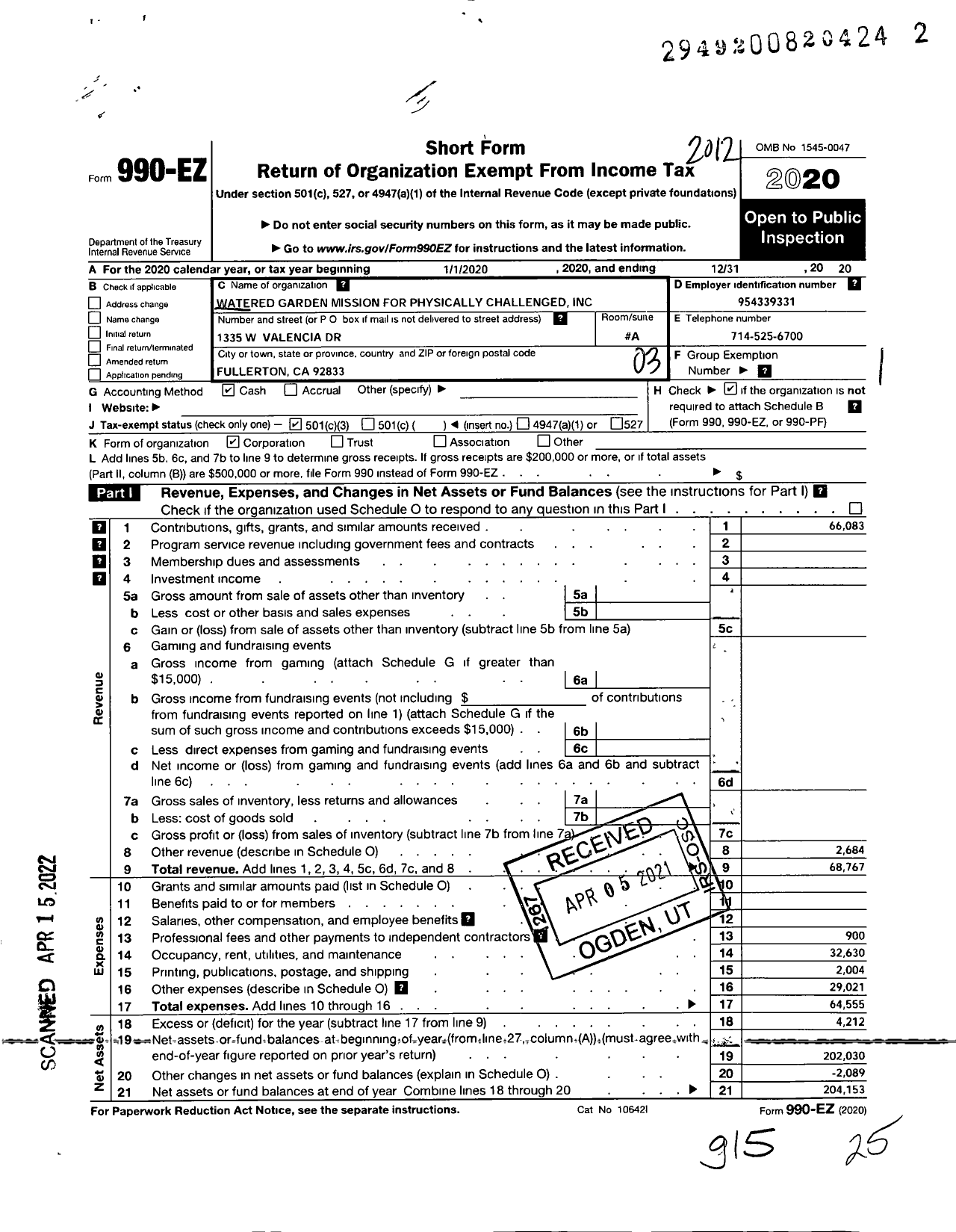 Image of first page of 2020 Form 990EZ for Watered Garden Mission for the Physically Challenged