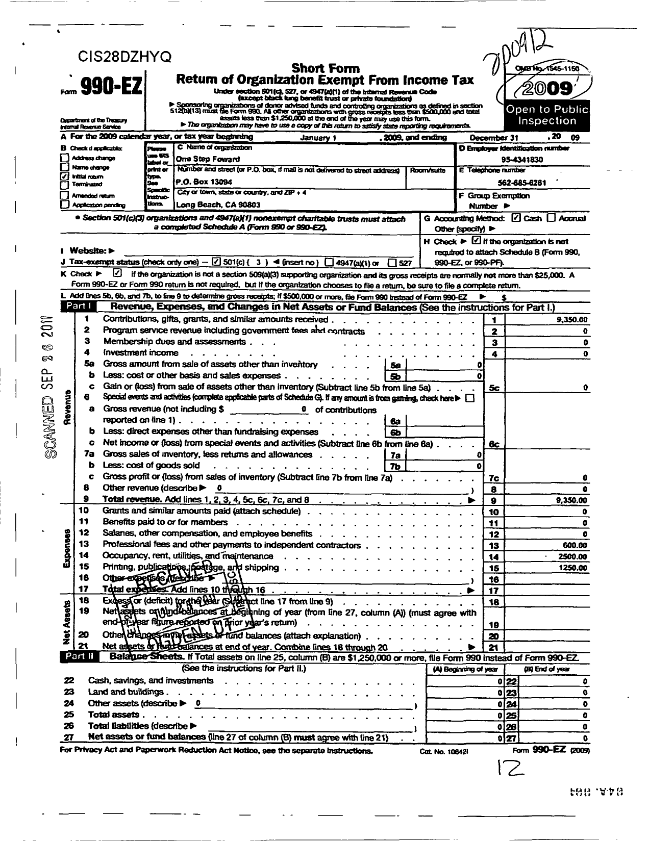 Image of first page of 2009 Form 990EZ for One Step Forward / A Transitional Home-Battered Women