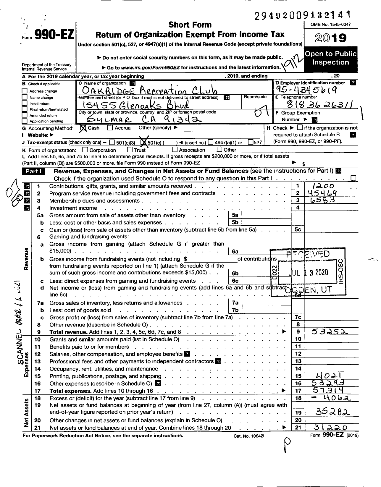 Image of first page of 2019 Form 990EO for Oakridge Recreation Club