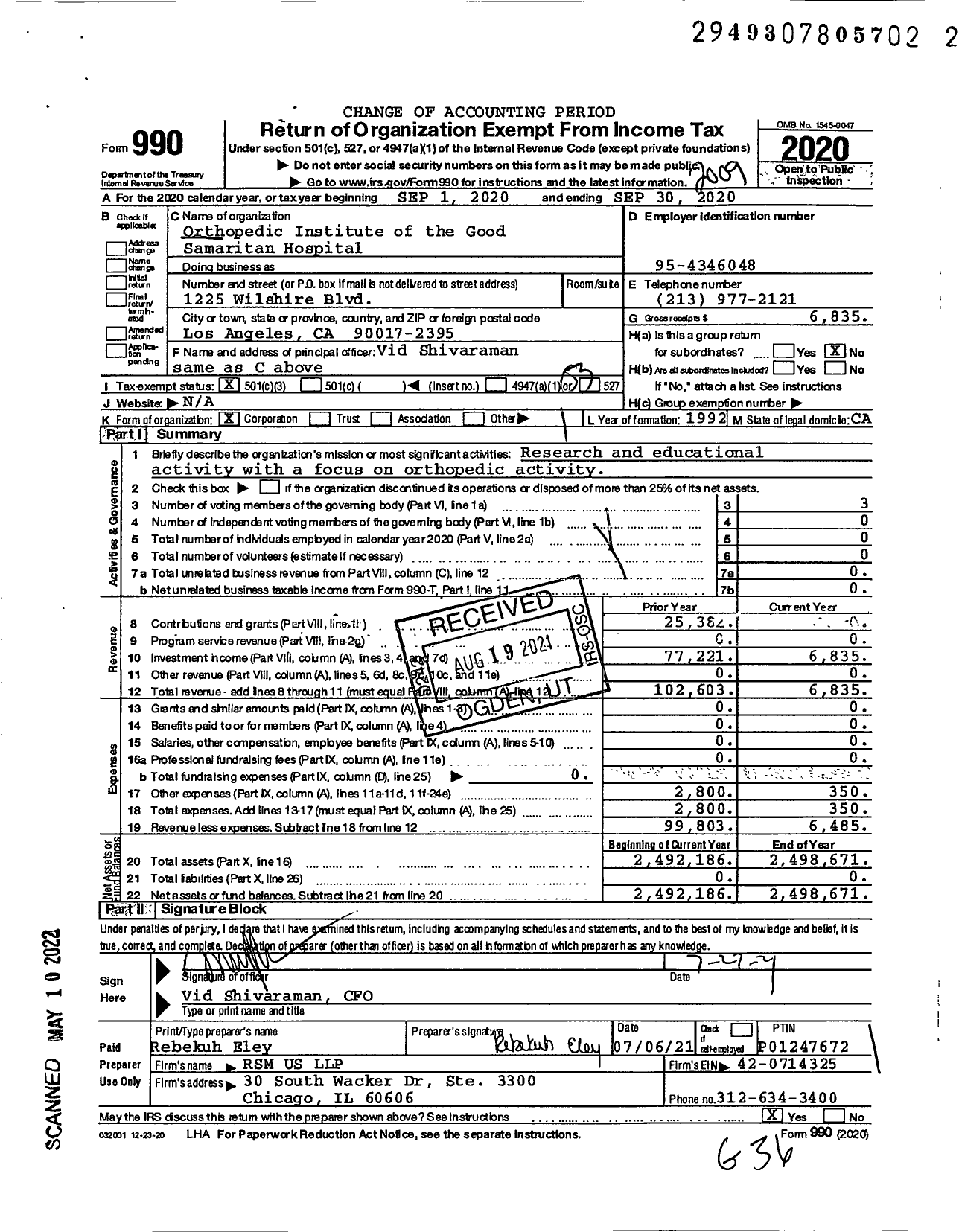 Image of first page of 2019 Form 990 for Orthopedic Institute of the Good Samaritan Hospital