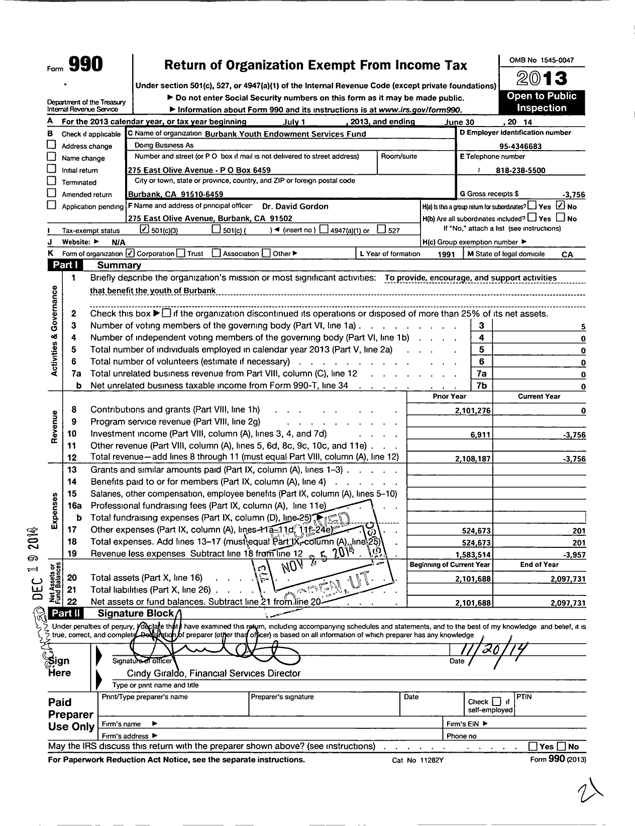 Image of first page of 2013 Form 990 for Burbank Youth Endowment Services Fund