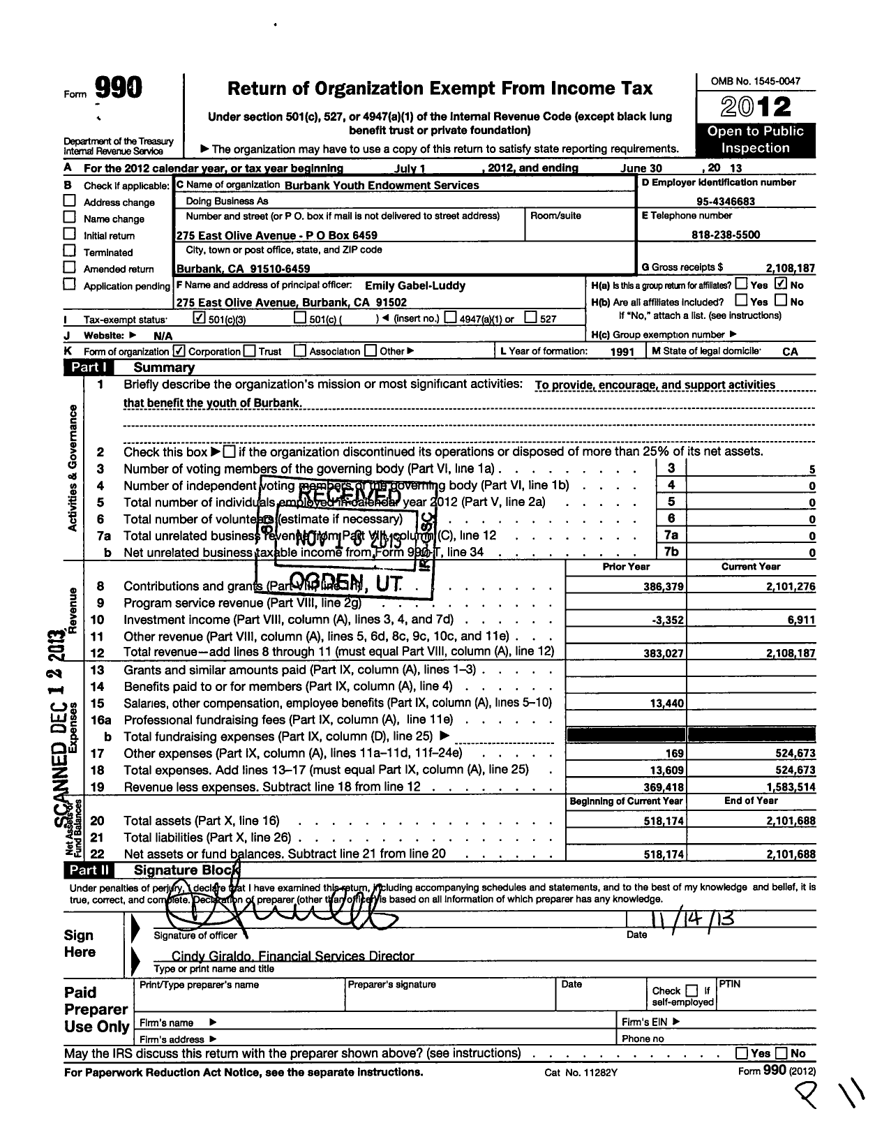 Image of first page of 2012 Form 990 for Burbank Youth Endowment Services Fund