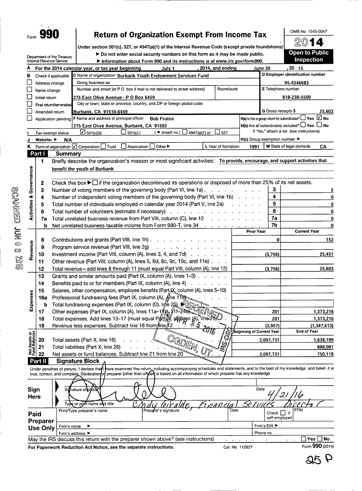 Image of first page of 2014 Form 990 for Burbank Youth Endowment Services Fund