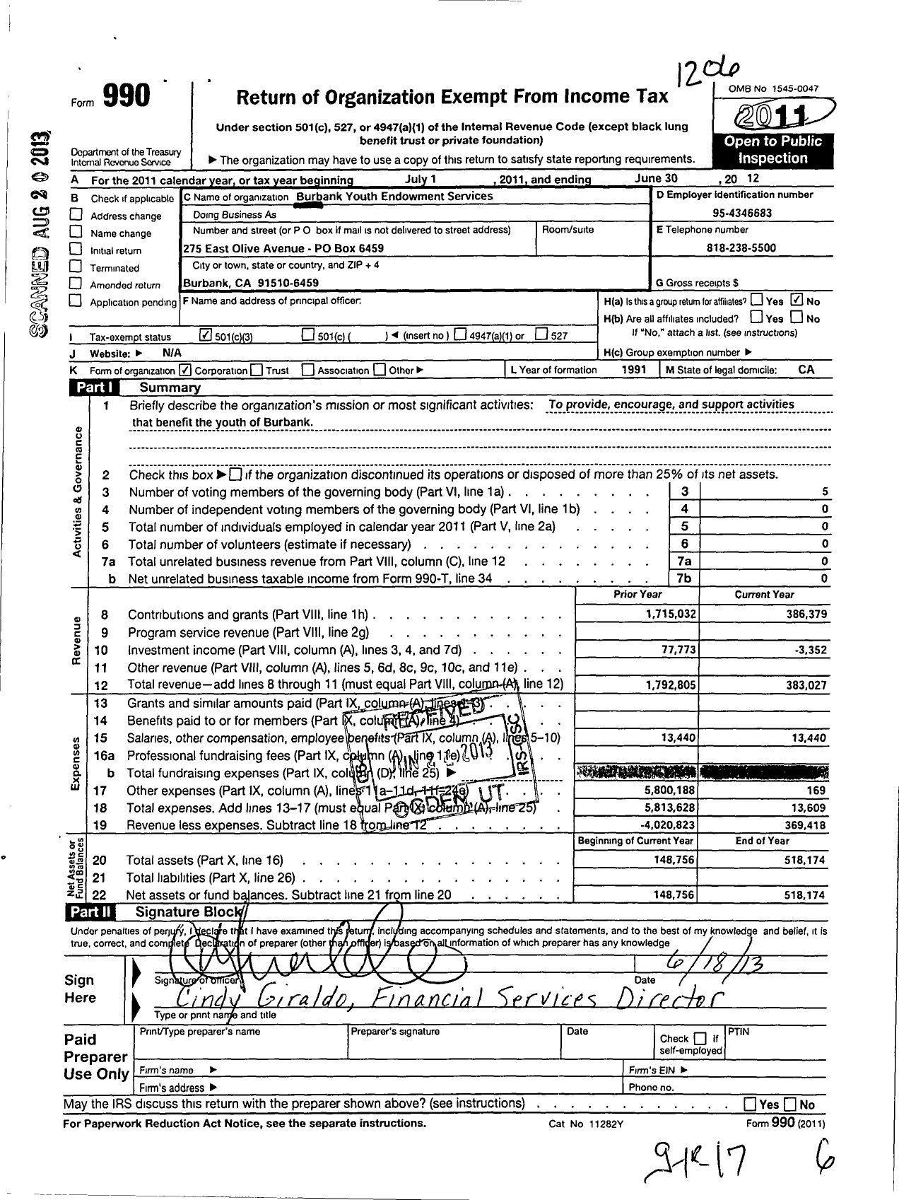 Image of first page of 2011 Form 990 for Burbank Youth Endowment Services Fund