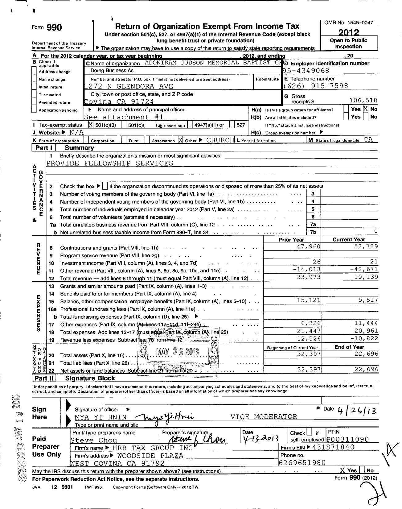 Image of first page of 2012 Form 990 for Adoniram Judson Memorial Baptist Church of Los Angeles