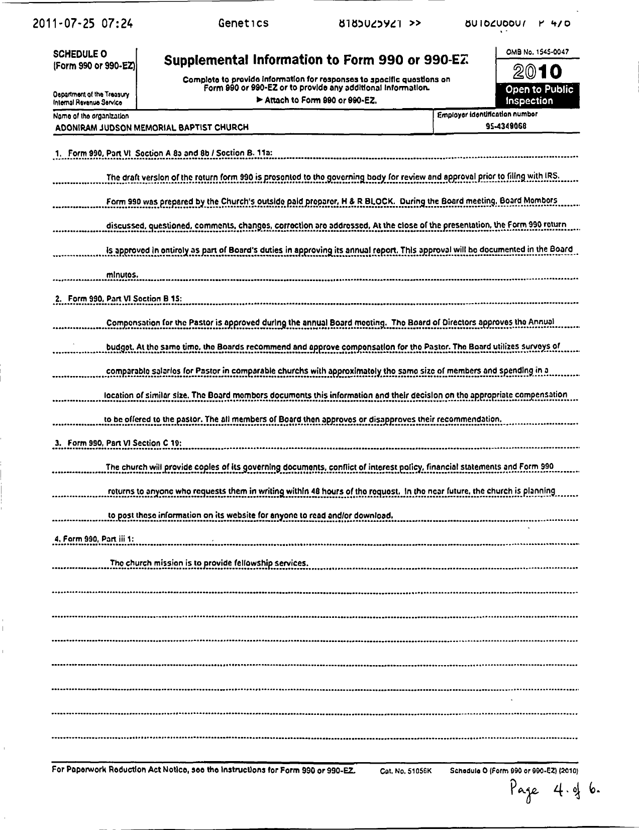 Image of first page of 2010 Form 990R for Adoniram Judson Memorial Baptist Church of Los Angeles