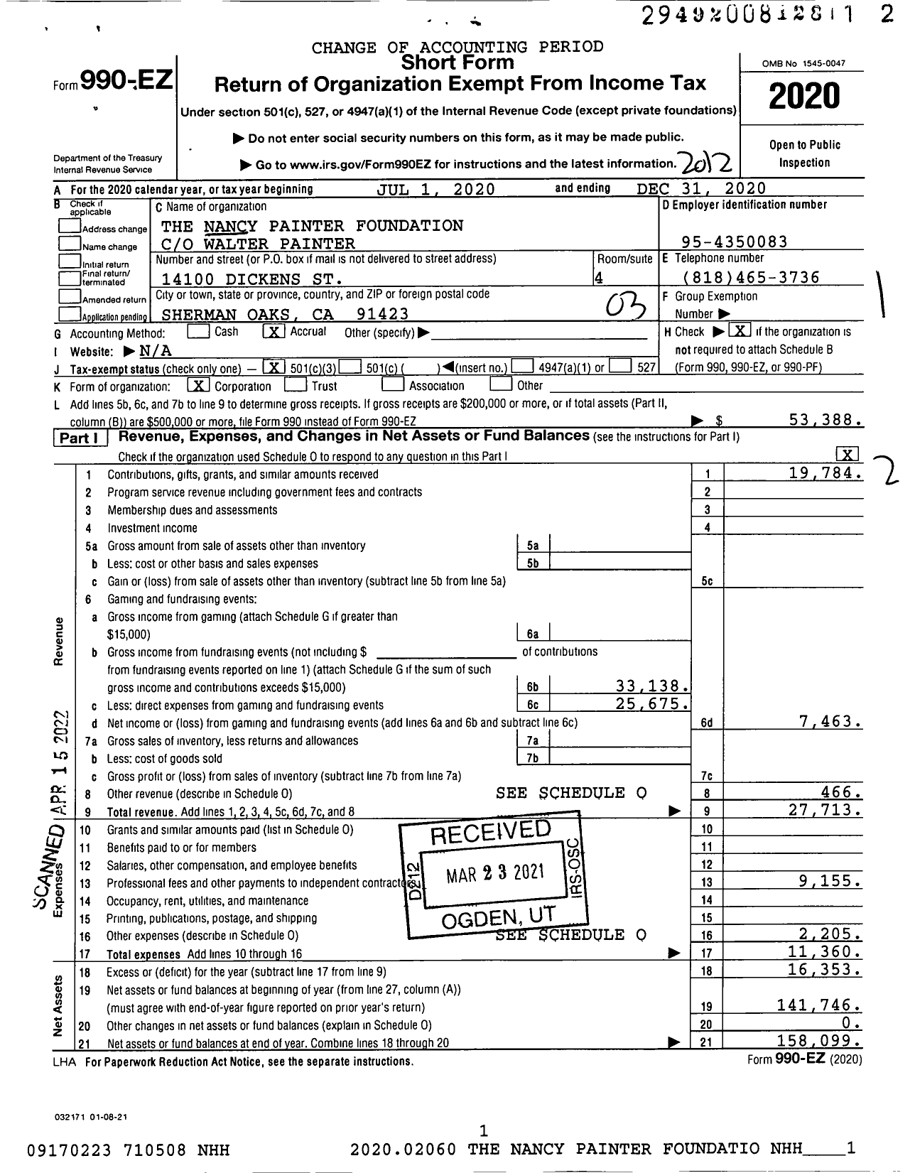 Image of first page of 2020 Form 990EZ for The Nancy Painter Foundation