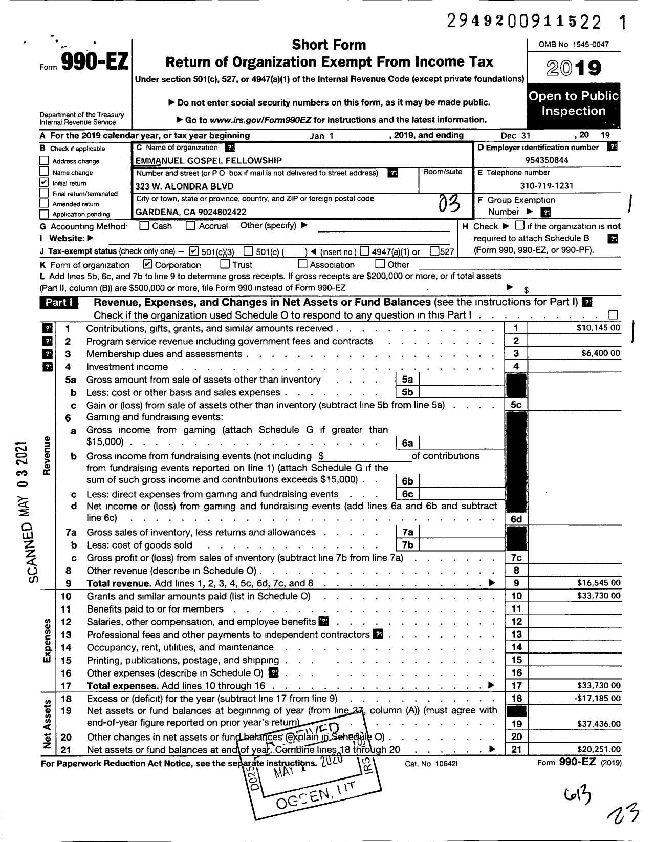 Image of first page of 2019 Form 990EZ for Emmanuel Gospel Fellowship