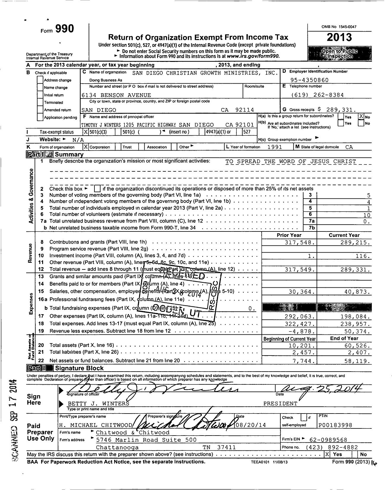 Image of first page of 2013 Form 990 for San Diego Christian Growth Ministries