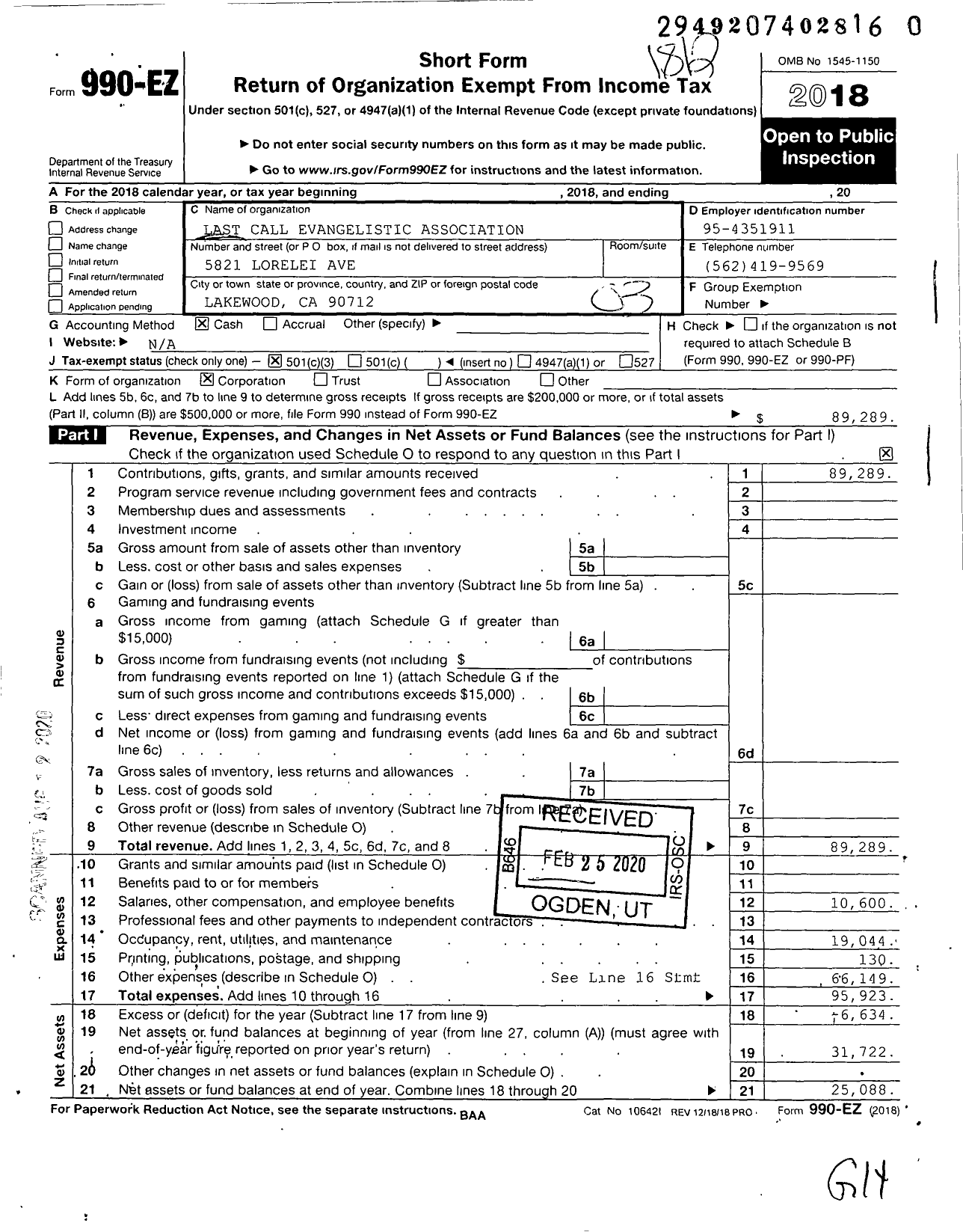 Image of first page of 2018 Form 990EZ for Last Call Evangelistic Association