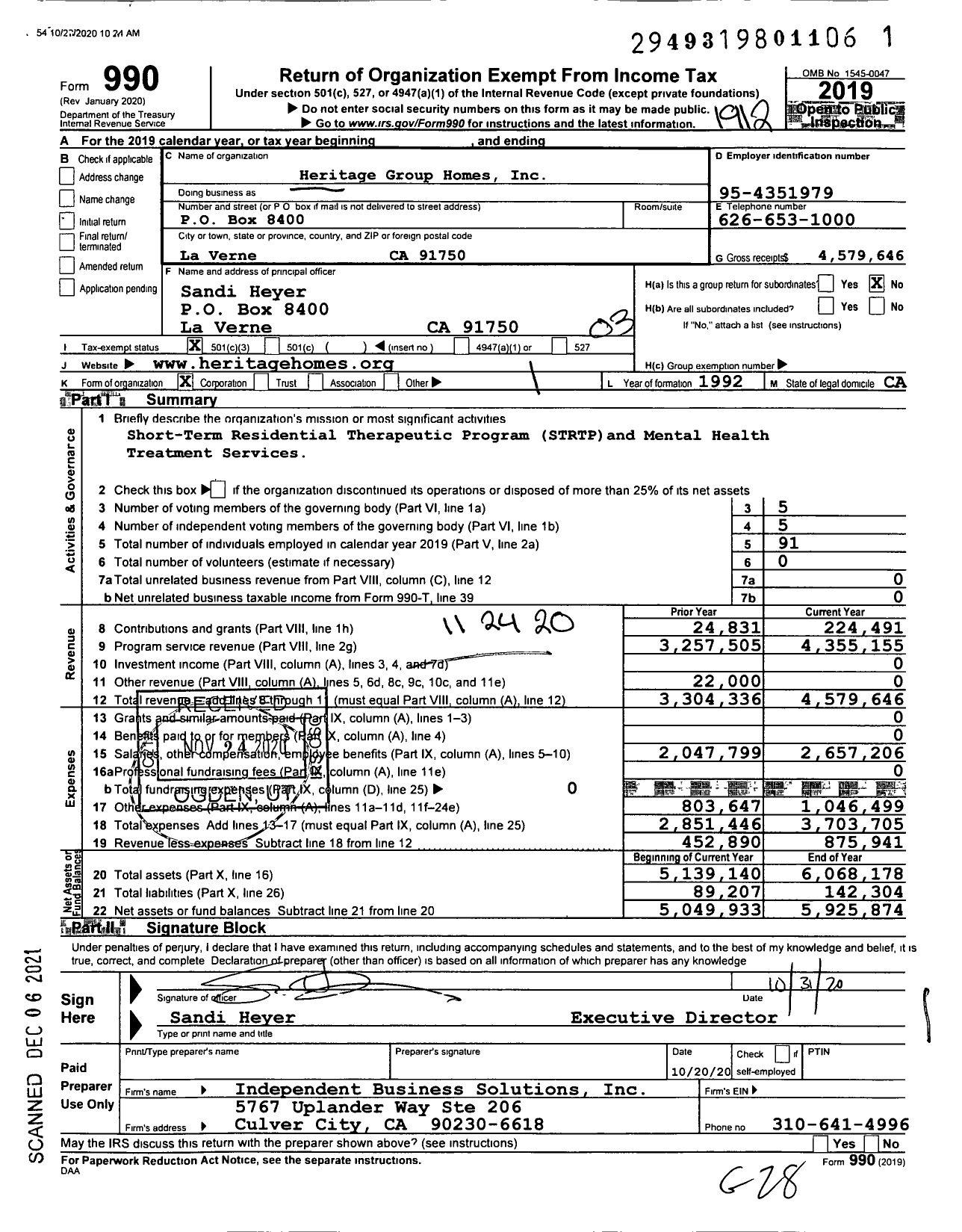 Image of first page of 2019 Form 990 for Heritage Group Homes
