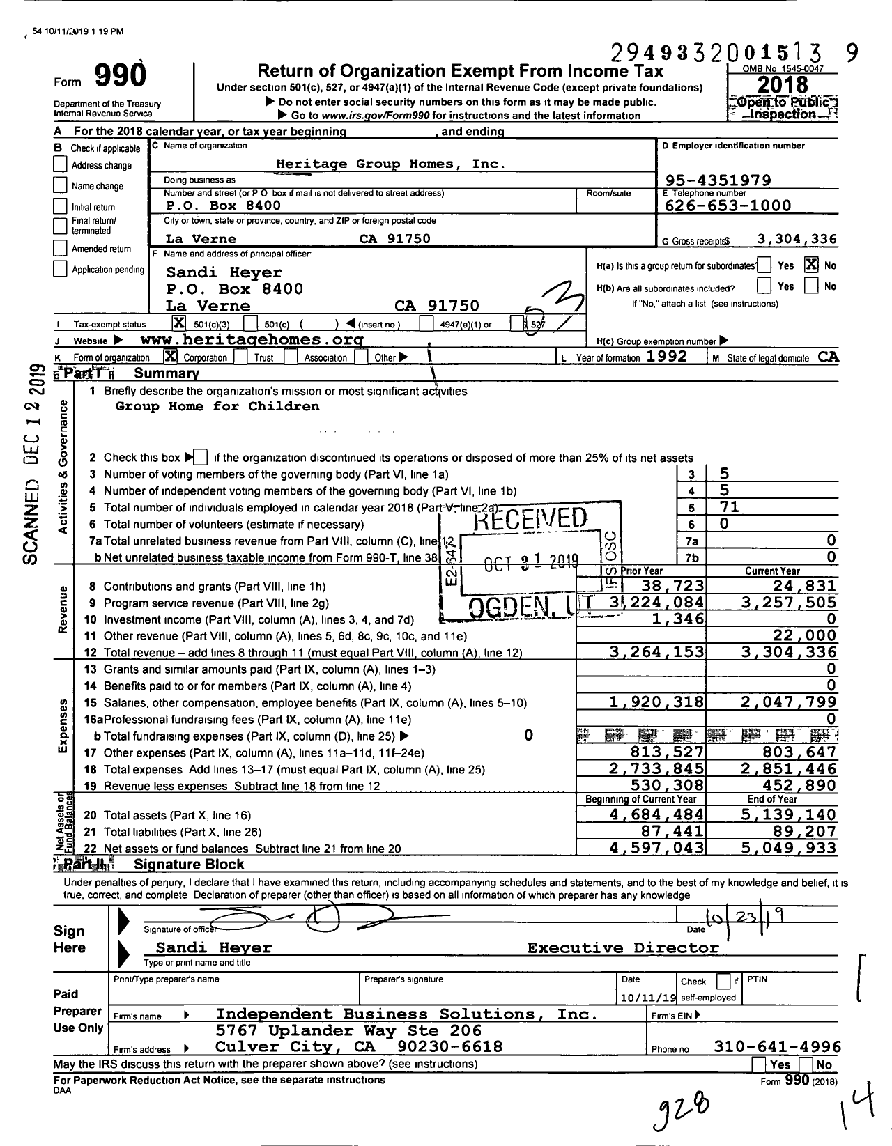 Image of first page of 2018 Form 990 for Heritage Group Homes