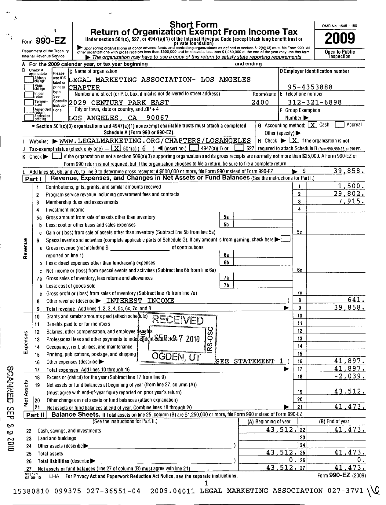 Image of first page of 2009 Form 990EO for Legal Marketing Association Los Angeles Chapter