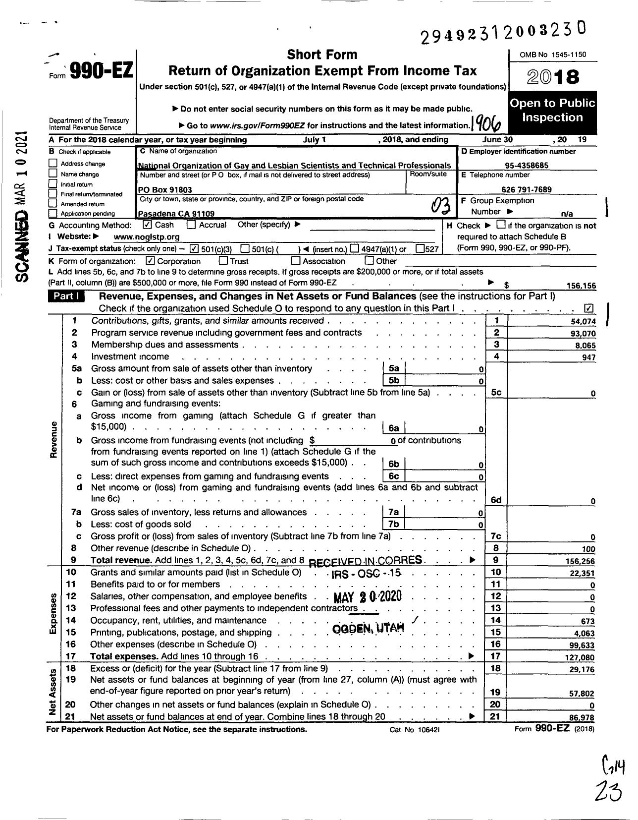 Image of first page of 2018 Form 990EZ for National Organization of Gay and Lesbian Scientists and Technical Professionals