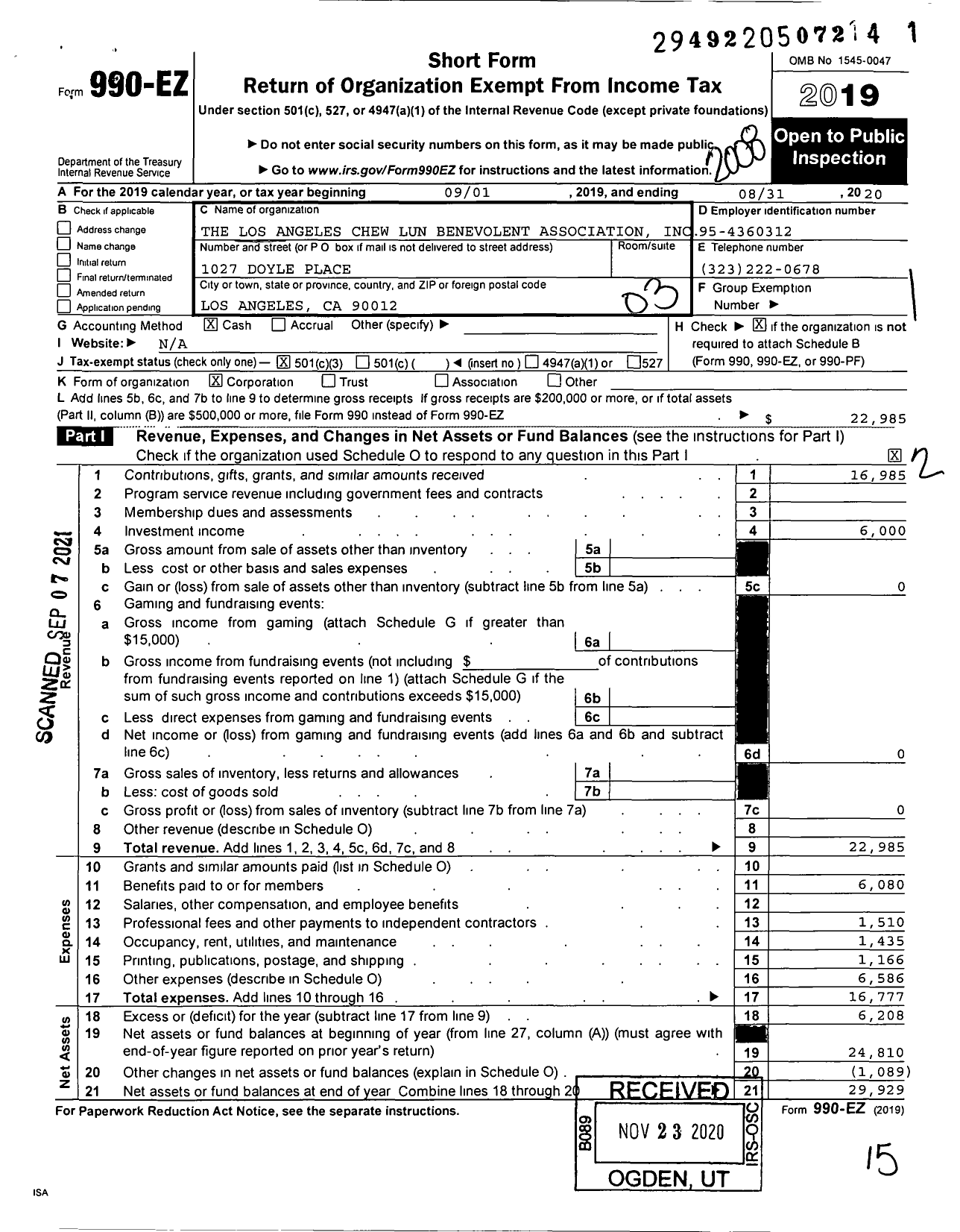 Image of first page of 2019 Form 990EZ for The Los Angeles Chew Lun Benevolent Association