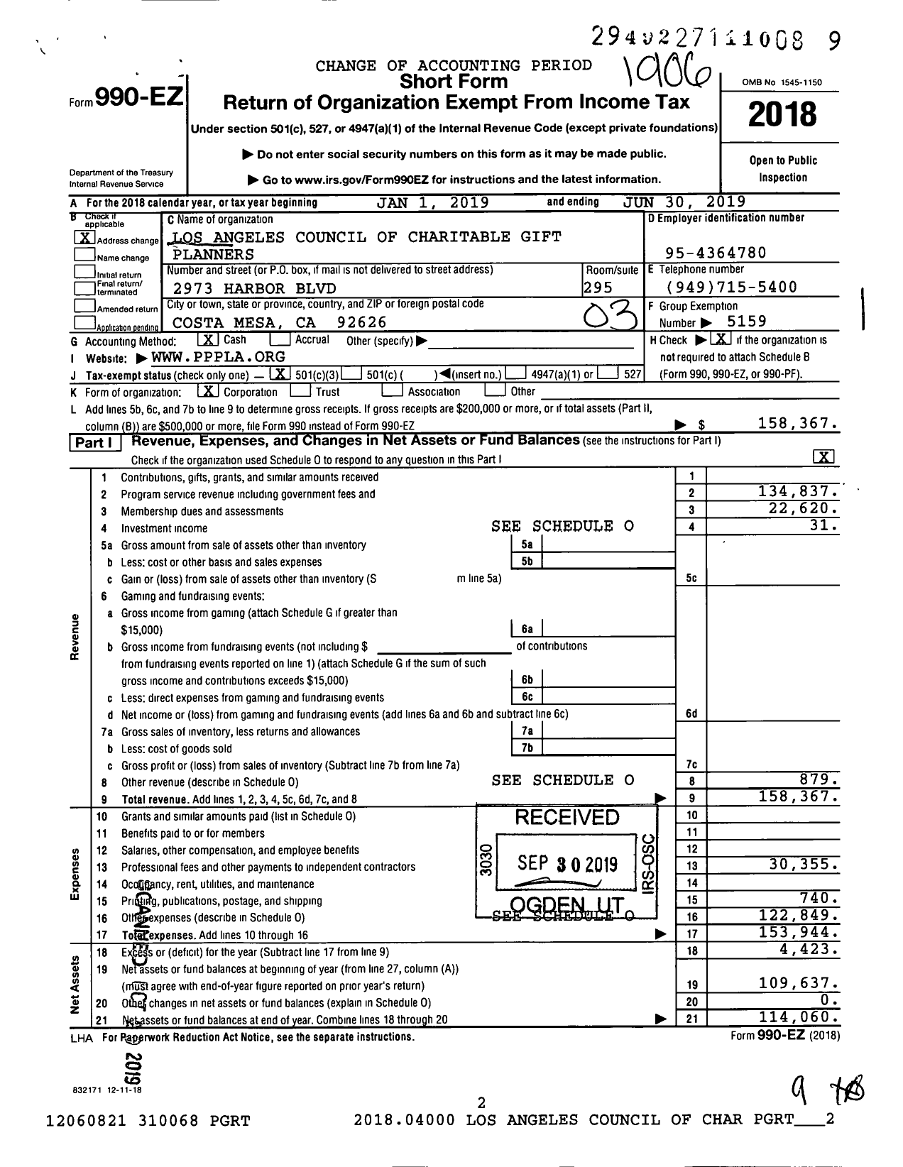 Image of first page of 2018 Form 990EZ for Southern California Council of Charitable Gift Planners