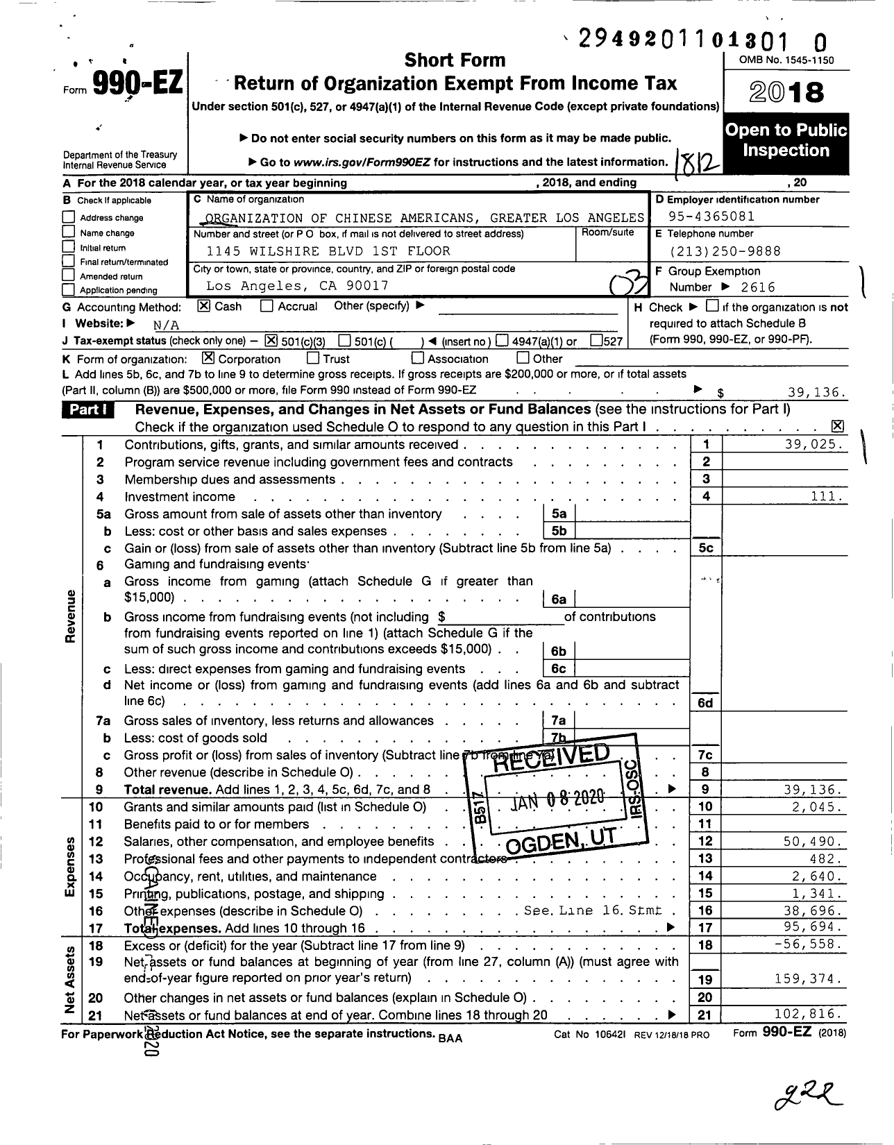 Image of first page of 2018 Form 990EZ for Organization of Chinese Americans Greater Los Angeles