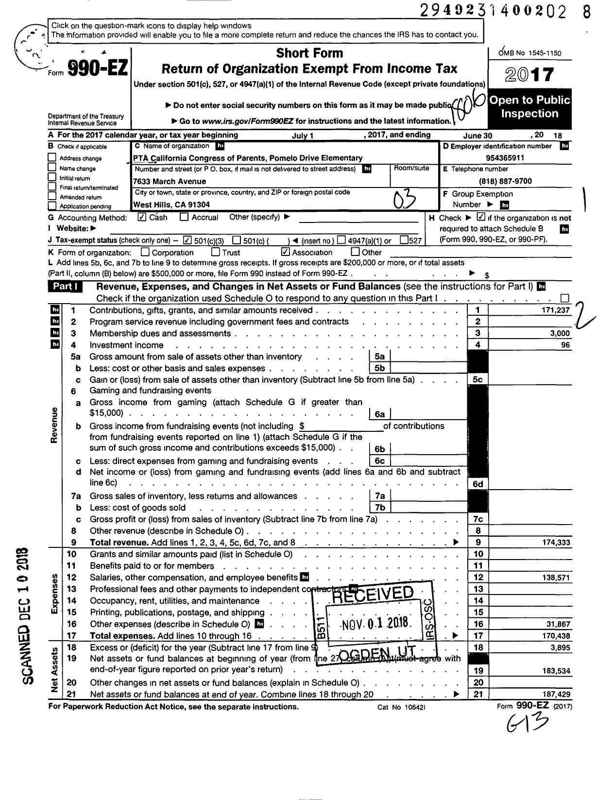 Image of first page of 2017 Form 990EZ for California State PTA - Team Pomelo PTA