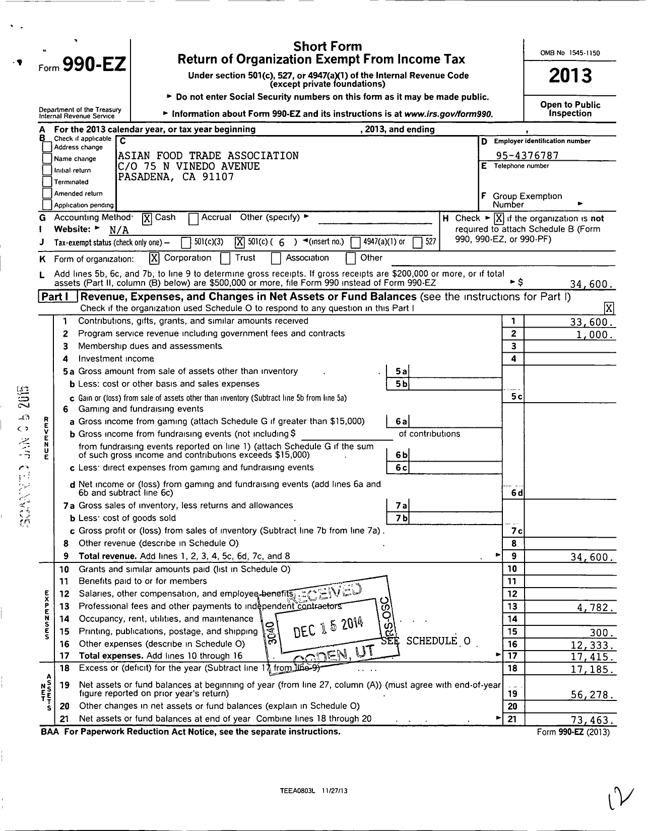 Image of first page of 2013 Form 990EO for Asian Food Trade Association