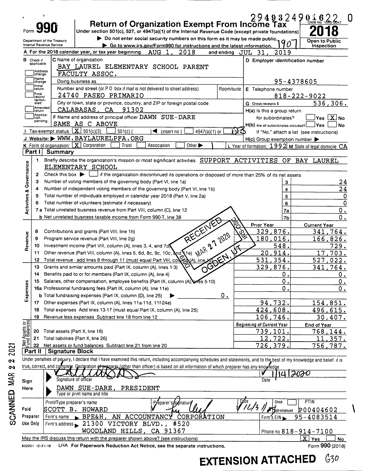 Image of first page of 2018 Form 990 for Bay Laurel Elementary School Parent Faculty Association